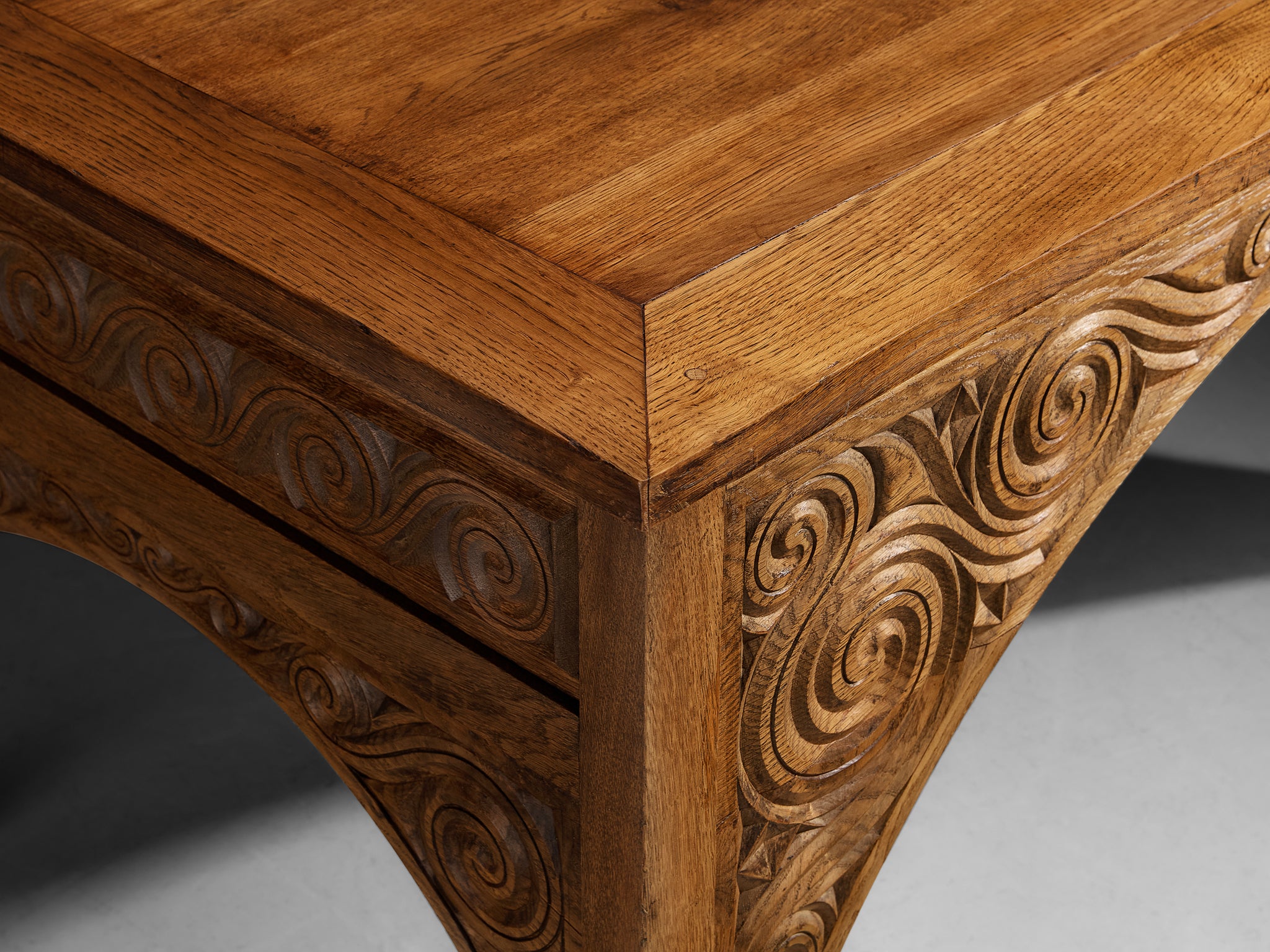 Rare Carved Desk in Solid Oak by Breton Artist Jacques Philippe Tables Morentz