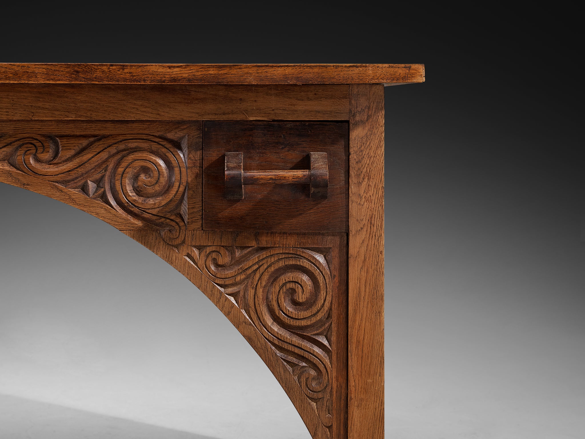 Rare Carved Desk in Solid Oak by Breton Artist Jacques Philippe Tables Morentz
