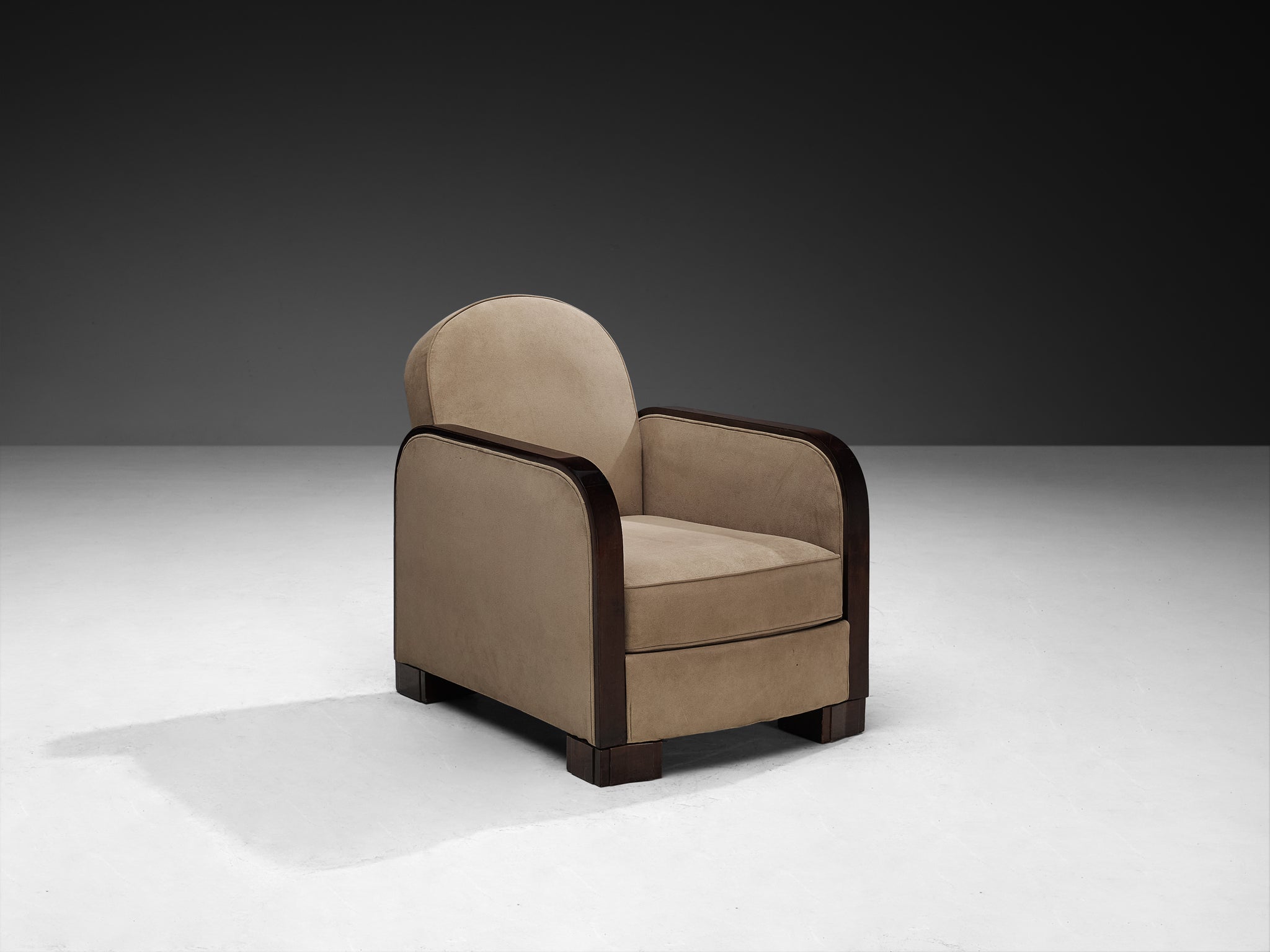 1930s Pair of French Art Deco Lounge Chairs in Light Creme Fabric and Wood Seating Morentz