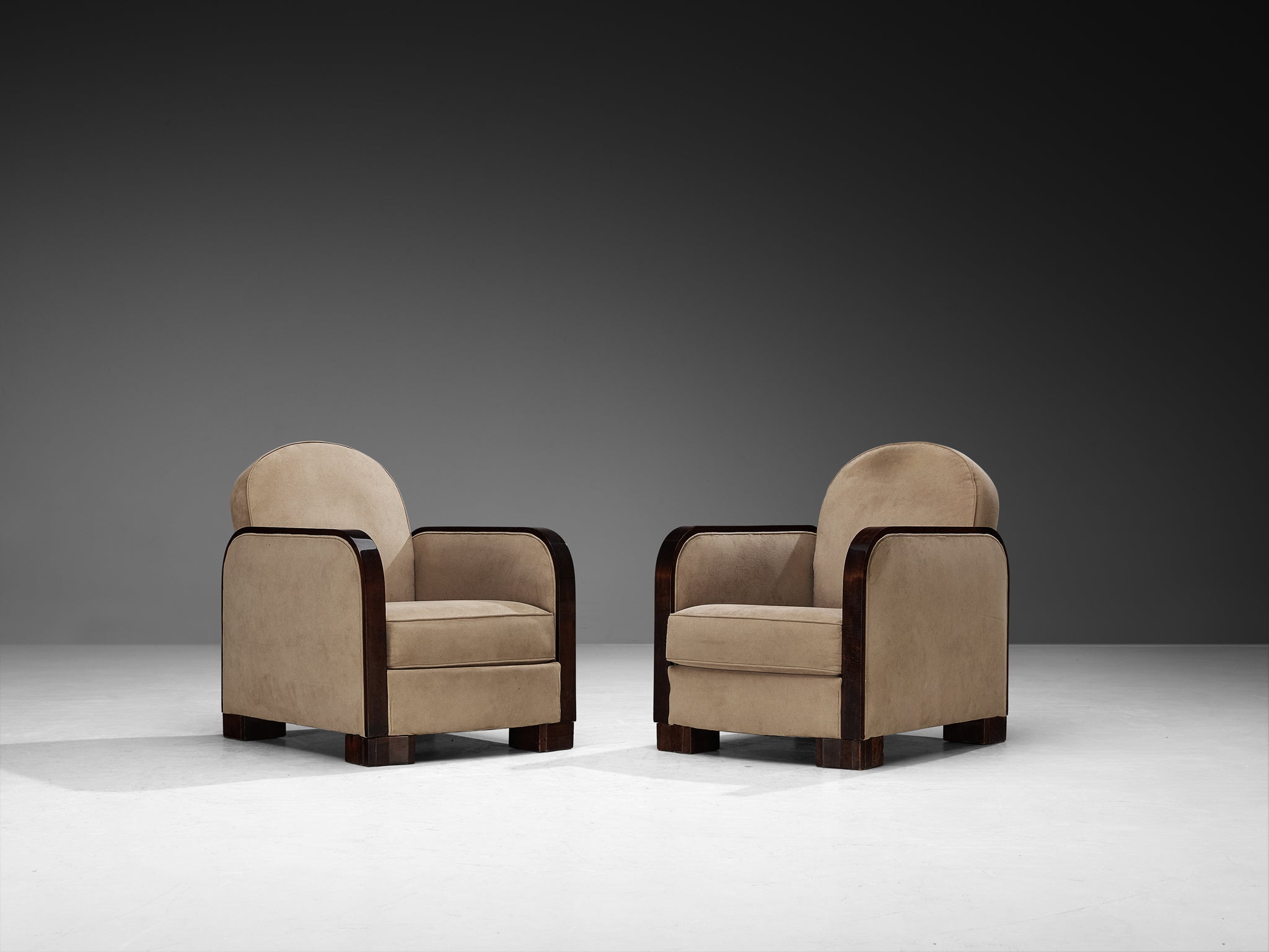 1930s Pair of French Art Deco Lounge Chairs in Light Creme Fabric and Wood Seating Morentz