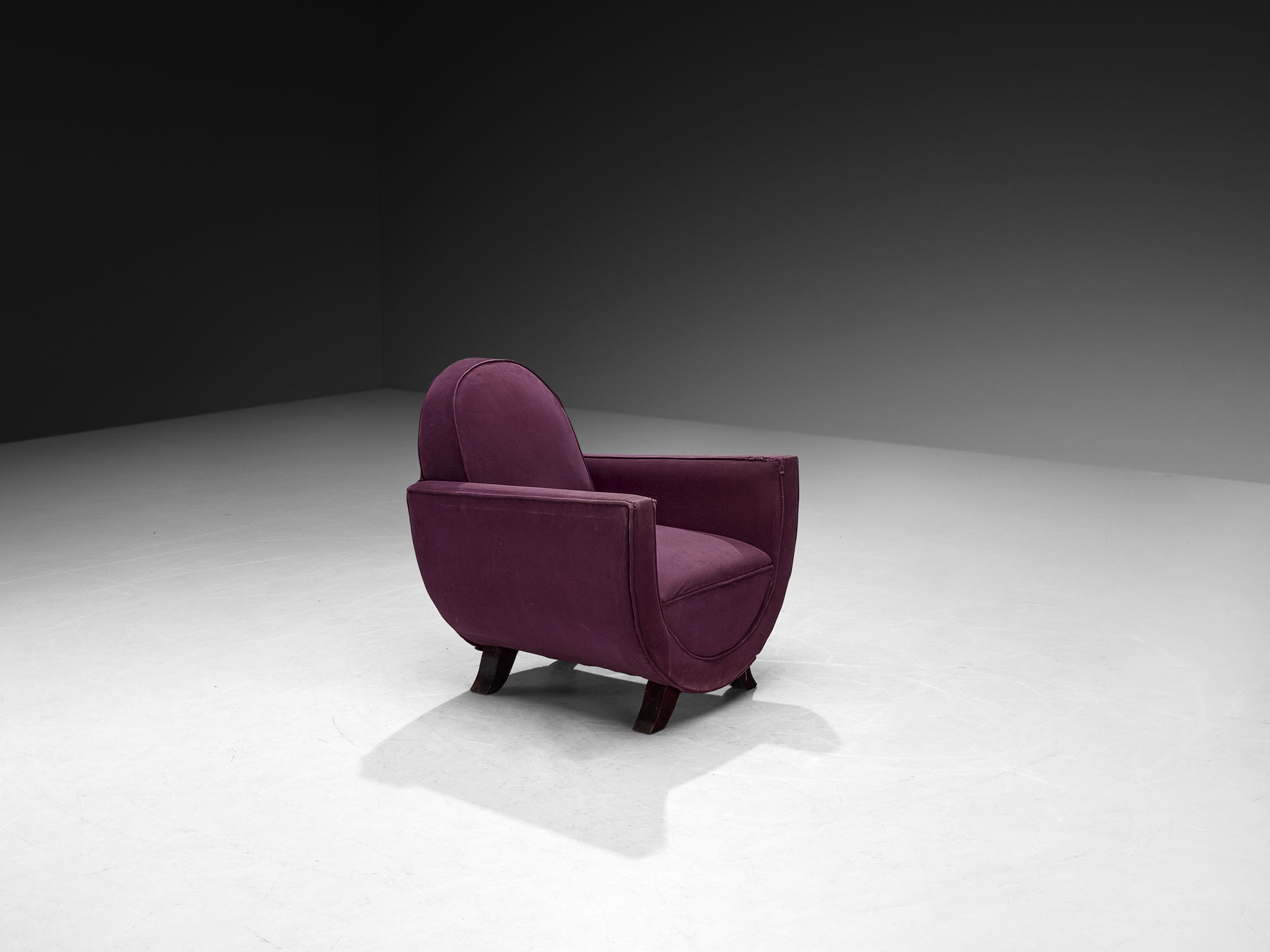 Pair of French Art Deco Lounge Chairs in Purple Fabric and Wooden Frames Seating Morentz