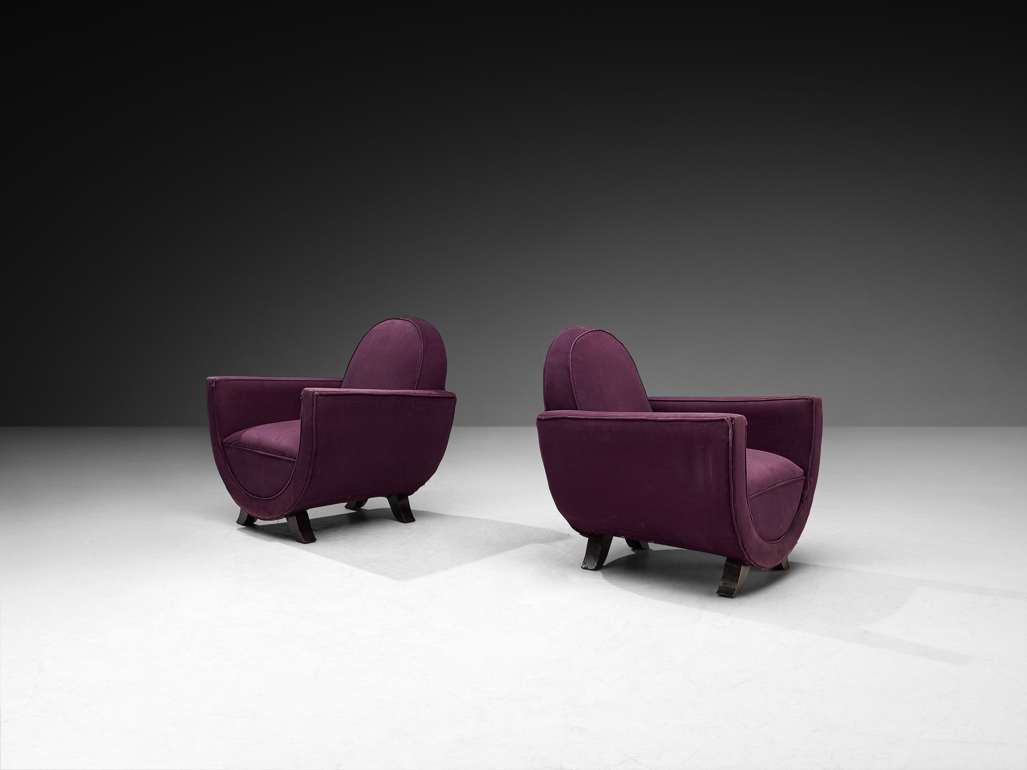Pair of French Art Deco Lounge Chairs in Purple Fabric and Wooden Frames Seating Morentz