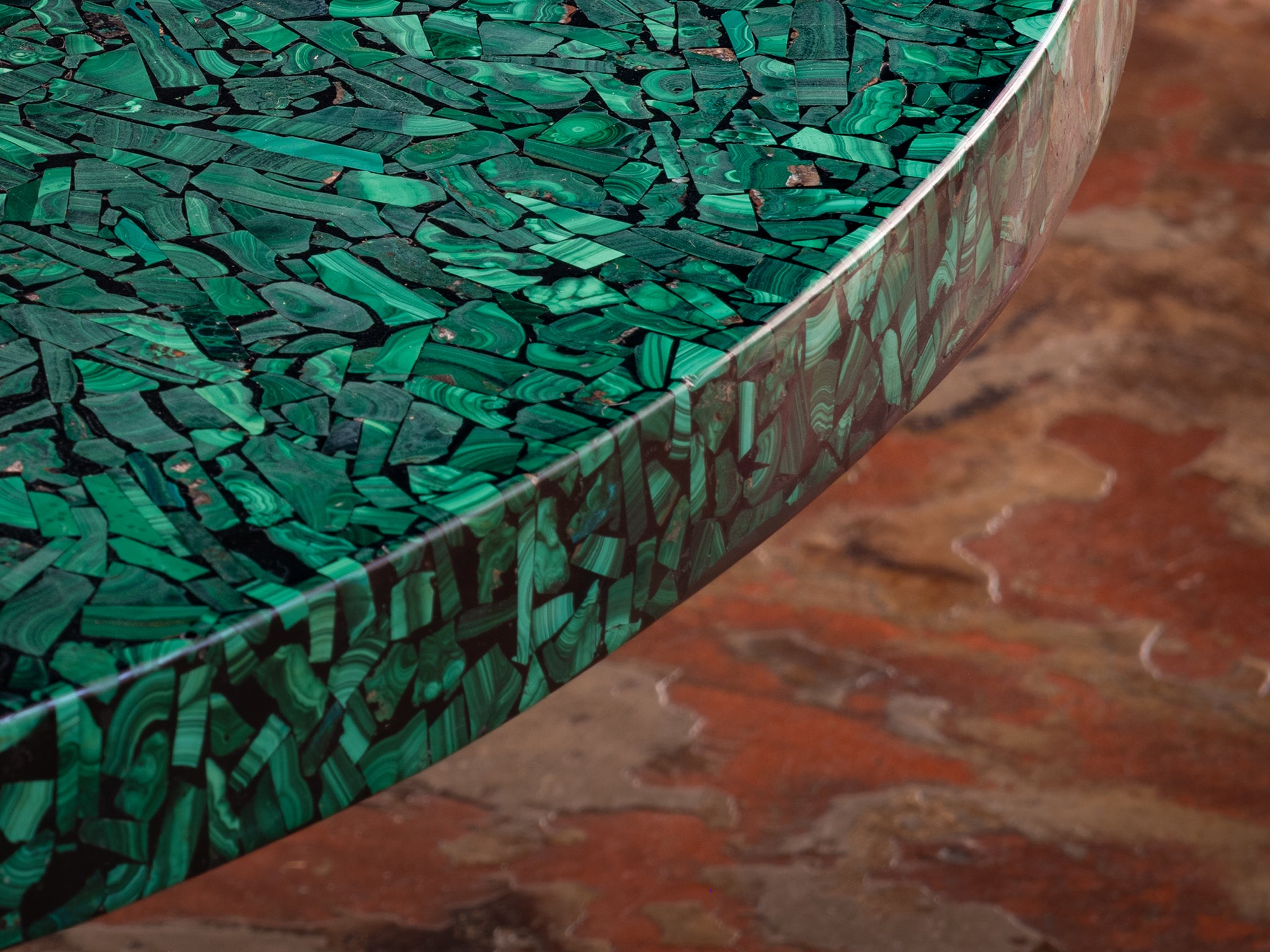 Rare Ado Chale Round Coffee Table with Mosaic Top in Malachite Tables Morentz