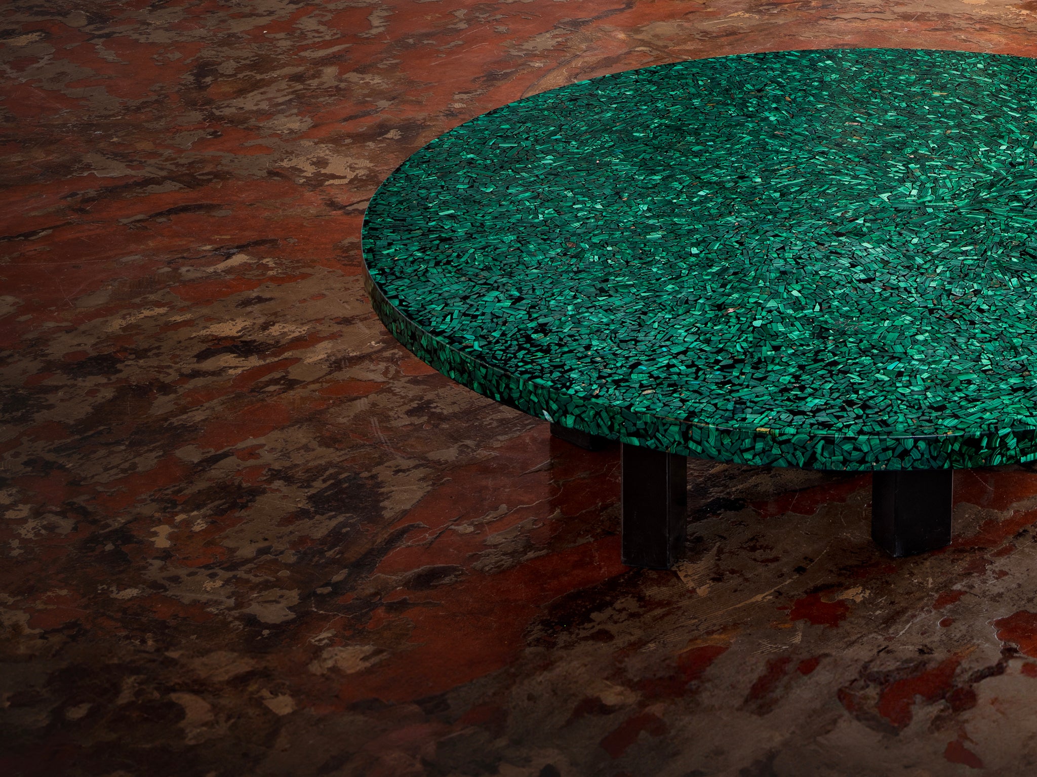 Rare Ado Chale Round Coffee Table with Mosaic Top in Malachite Tables Morentz