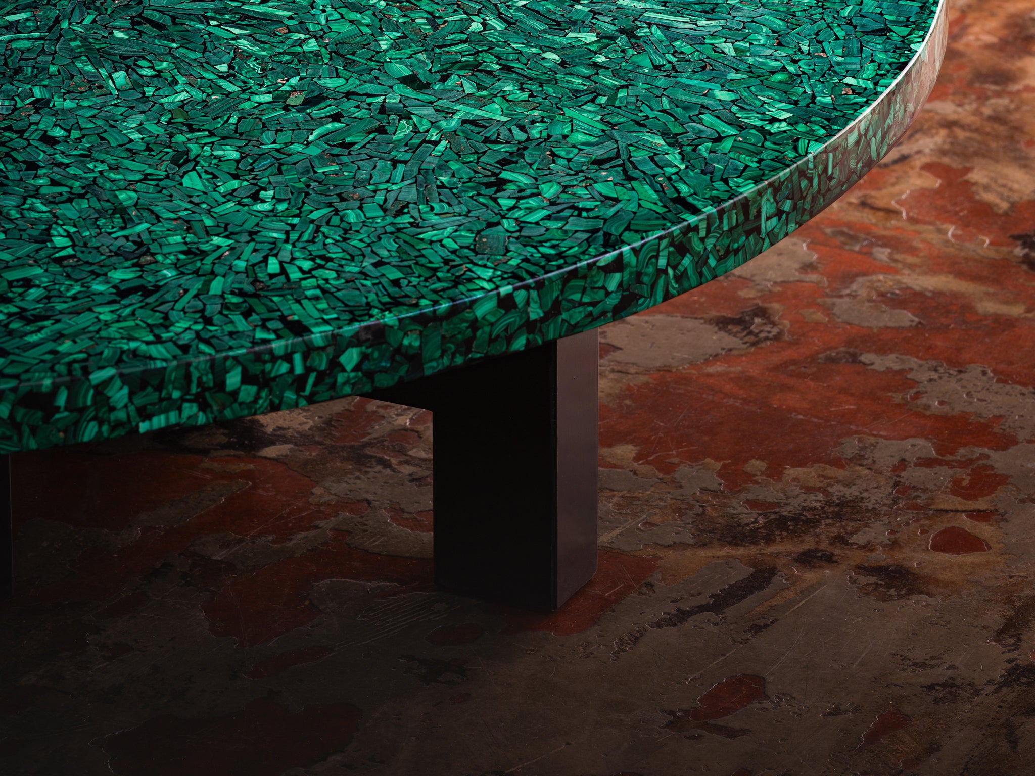 Rare Ado Chale Round Coffee Table with Mosaic Top in Malachite Tables Morentz