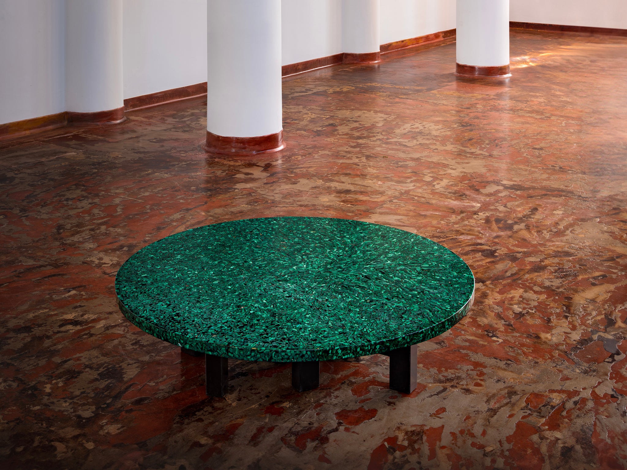 Rare Ado Chale Round Coffee Table with Mosaic Top in Malachite Tables Morentz