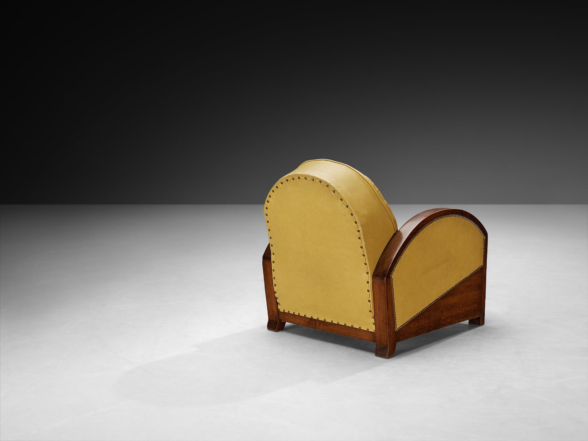Pair of French Art Deco Lounge Chairs in Wood and Yellow Leatherette Seating Morentz