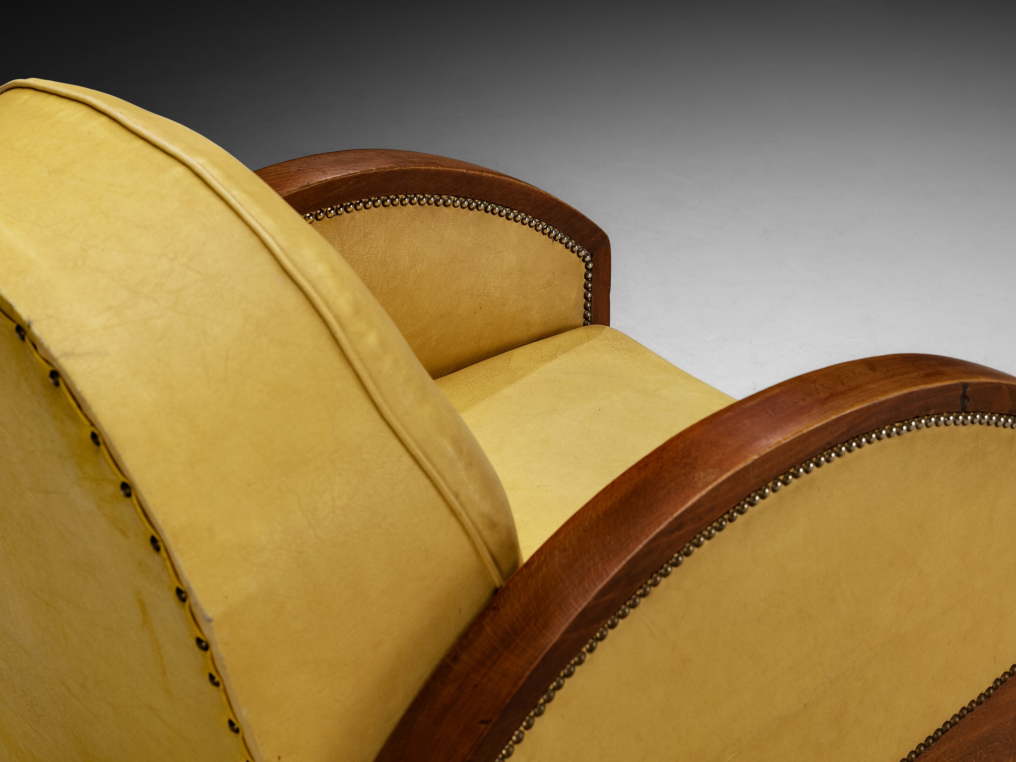 Pair of French Art Deco Lounge Chairs in Wood and Yellow Leatherette Seating Morentz
