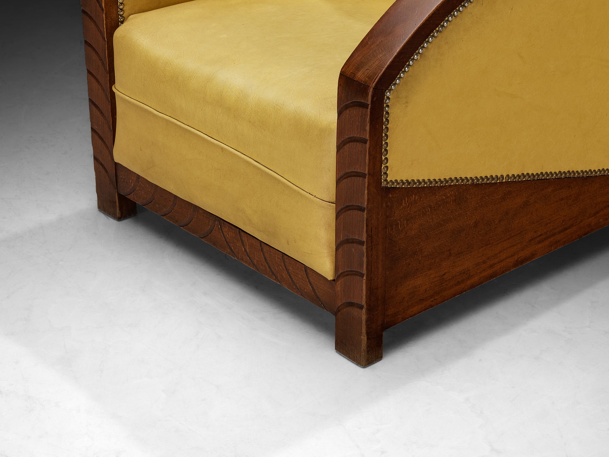 Pair of French Art Deco Lounge Chairs in Wood and Yellow Leatherette Seating Morentz