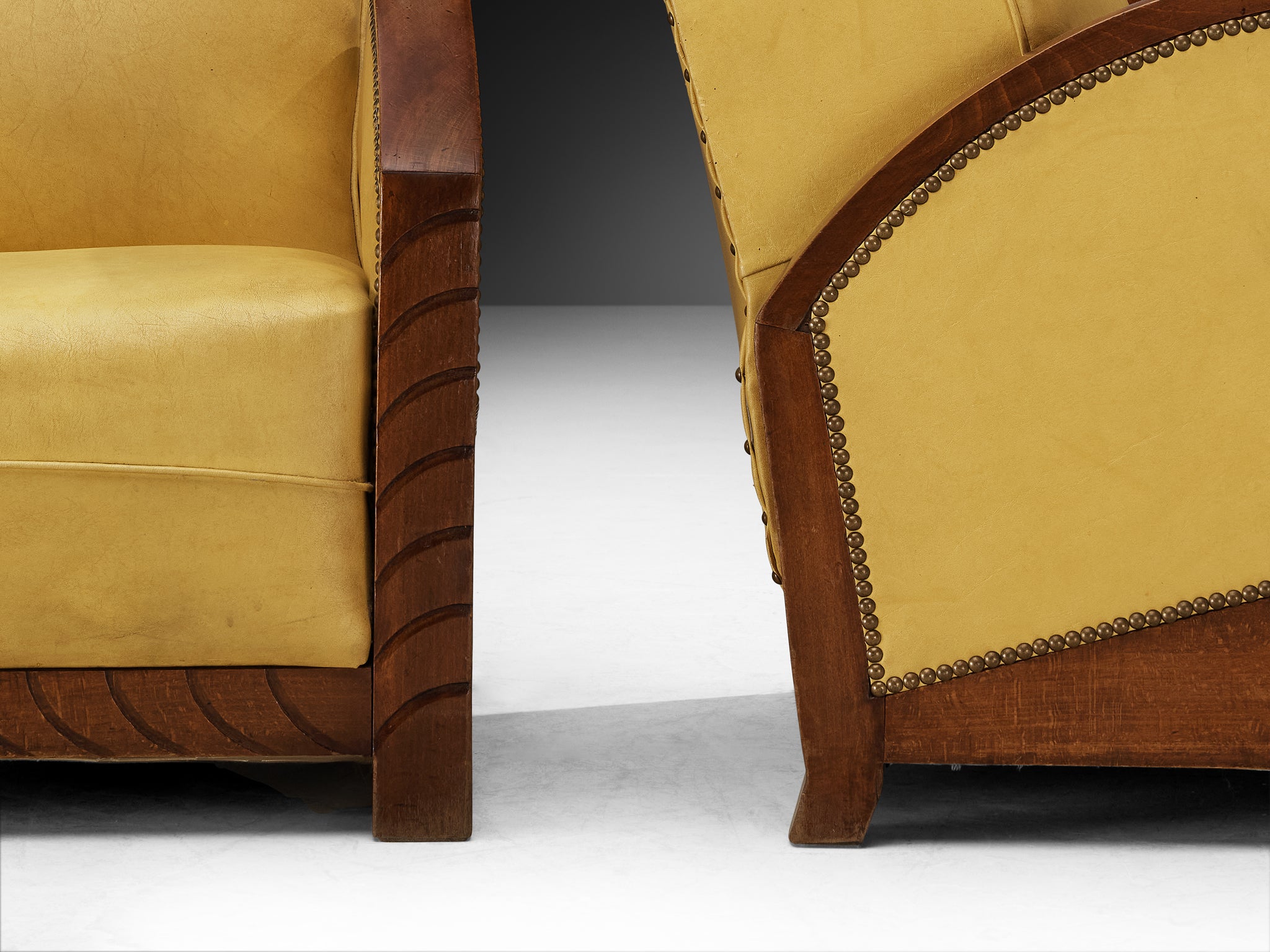 Pair of French Art Deco Lounge Chairs in Wood and Yellow Leatherette Seating Morentz