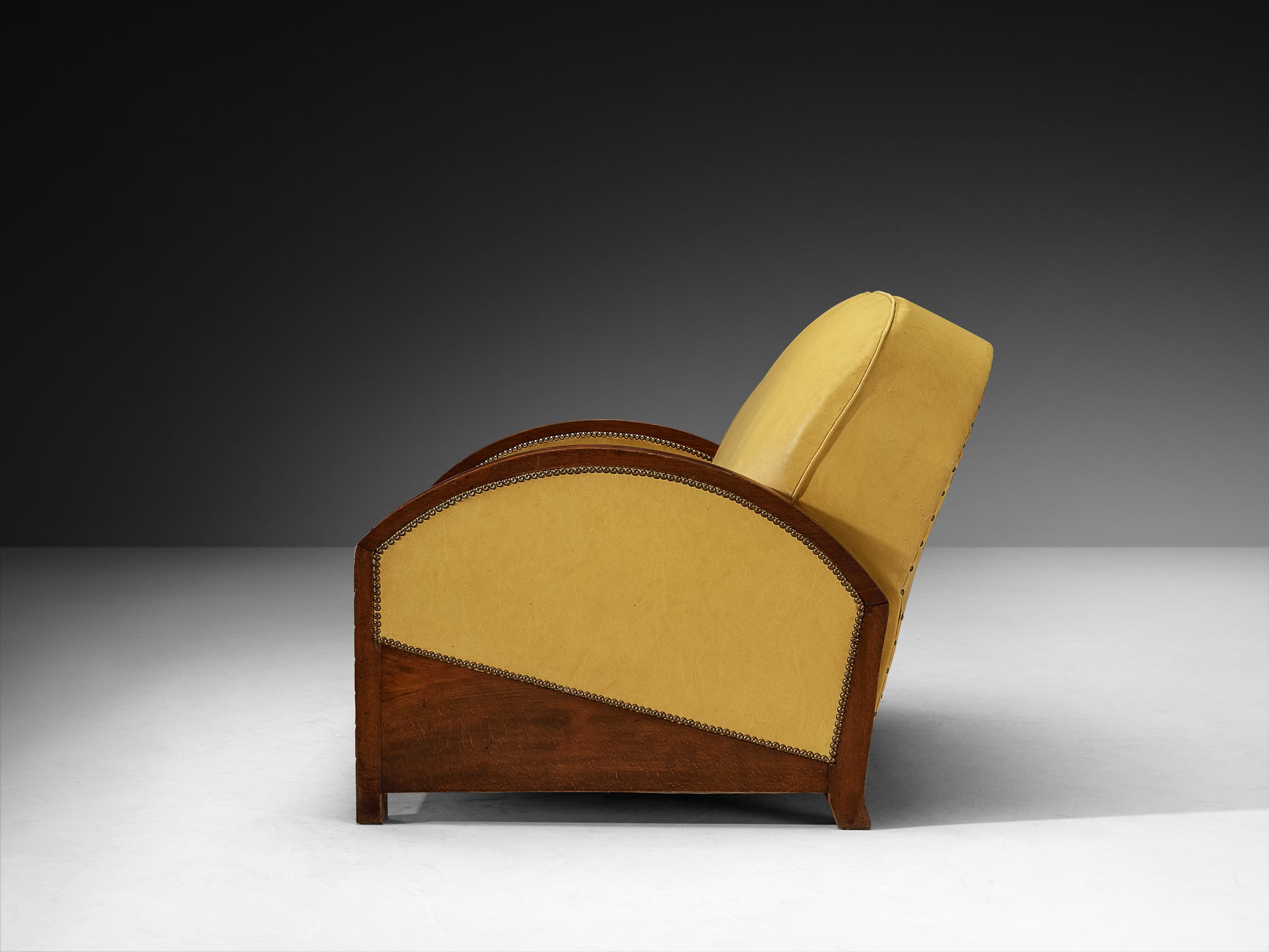 French Art Deco Two Seat Sofa in Wood and Yellow Leatherette Seating Morentz