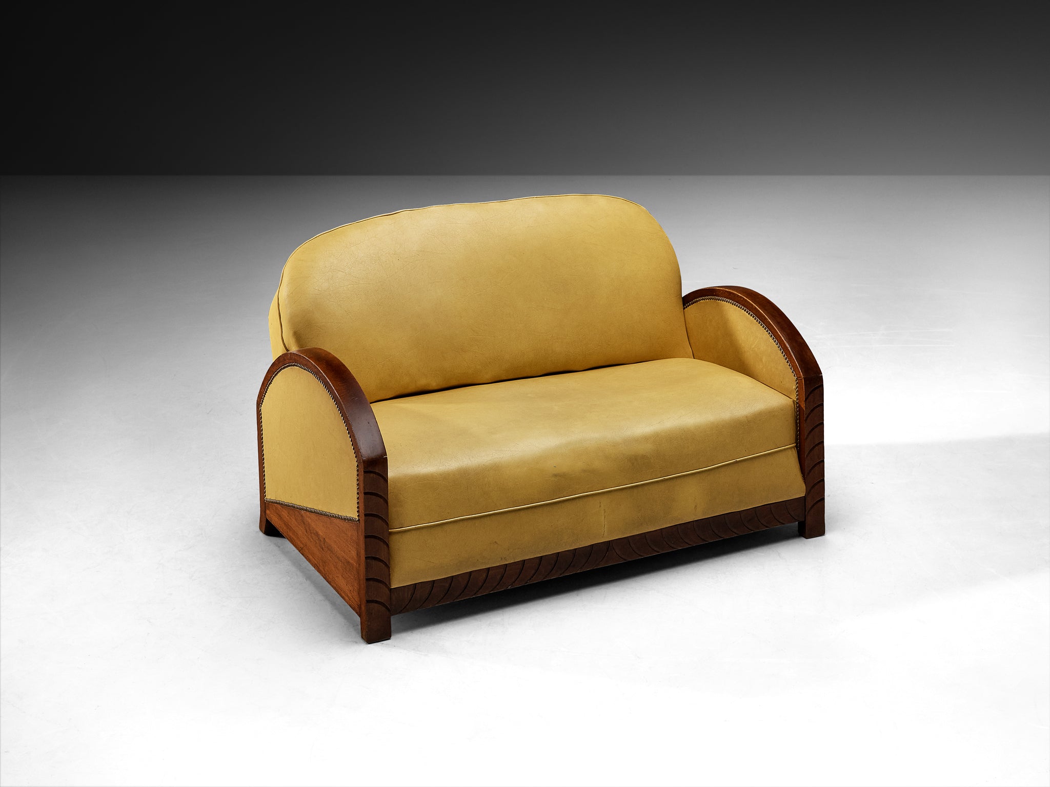 French Art Deco Two Seat Sofa in Wood and Yellow Leatherette Seating Morentz