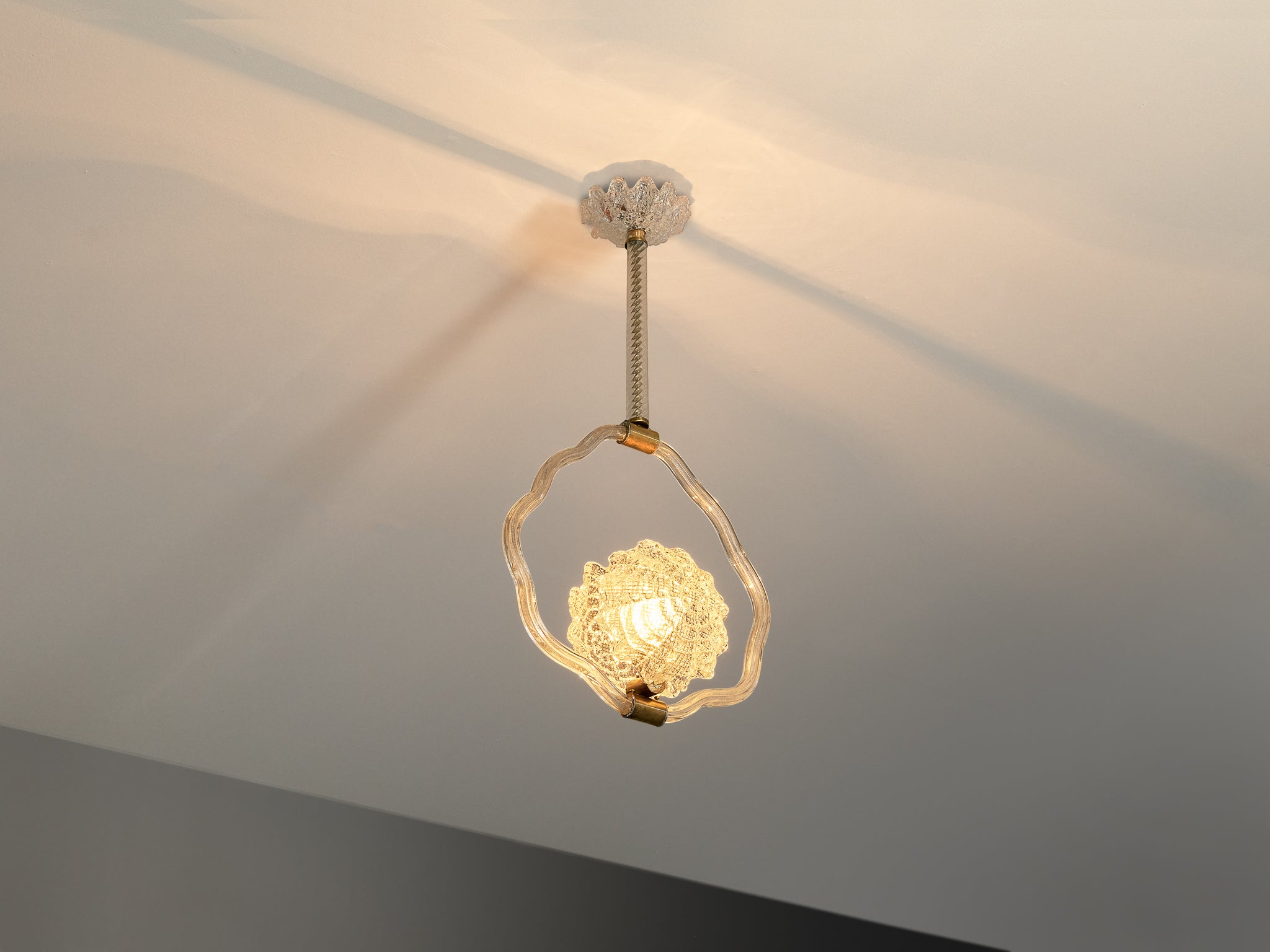 1940s Italian Art Deco Pendant Lamp with Sun Motif Centre in Glass and Brass Lighting Morentz