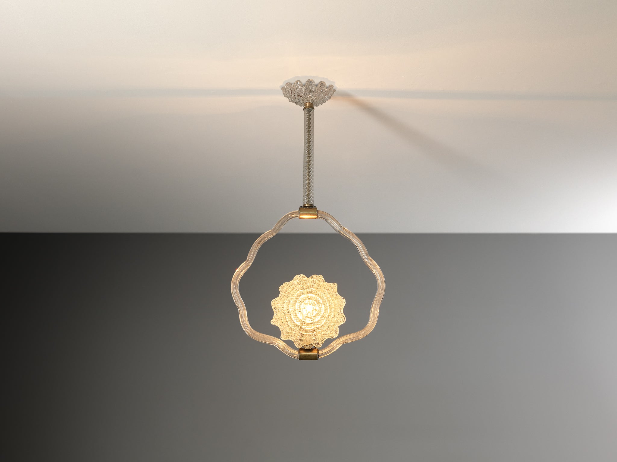 1940s Italian Art Deco Pendant Lamp with Sun Motif Centre in Glass and Brass Lighting Morentz