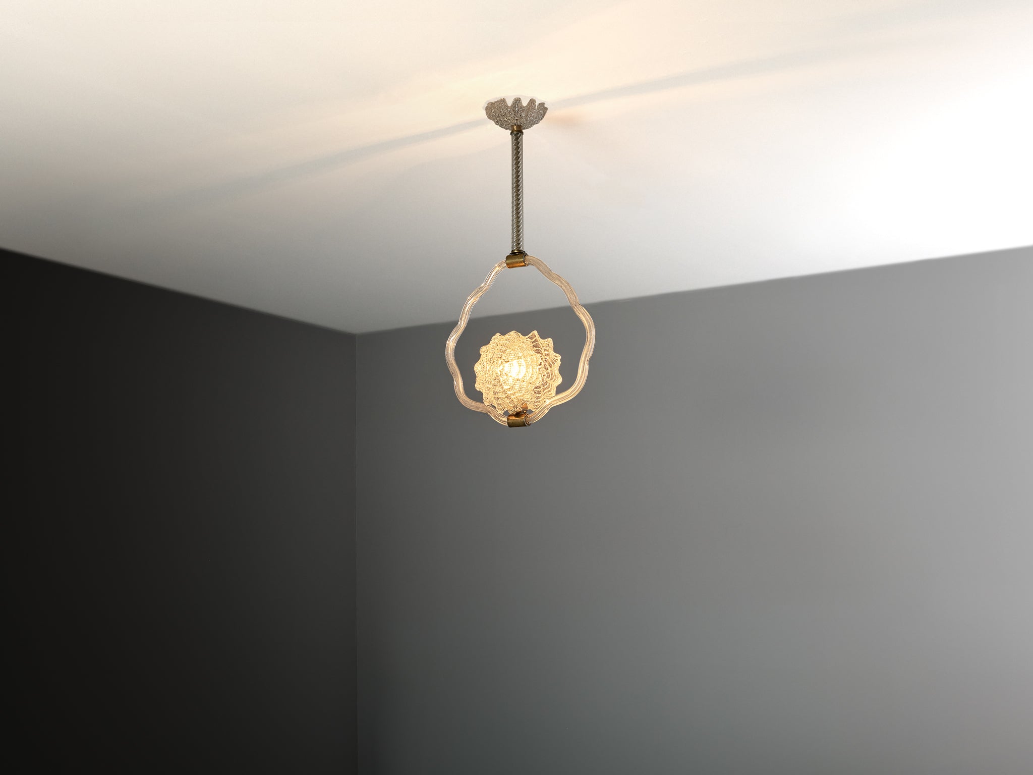 1940s Italian Art Deco Pendant Lamp with Sun Motif Centre in Glass and Brass Lighting Morentz