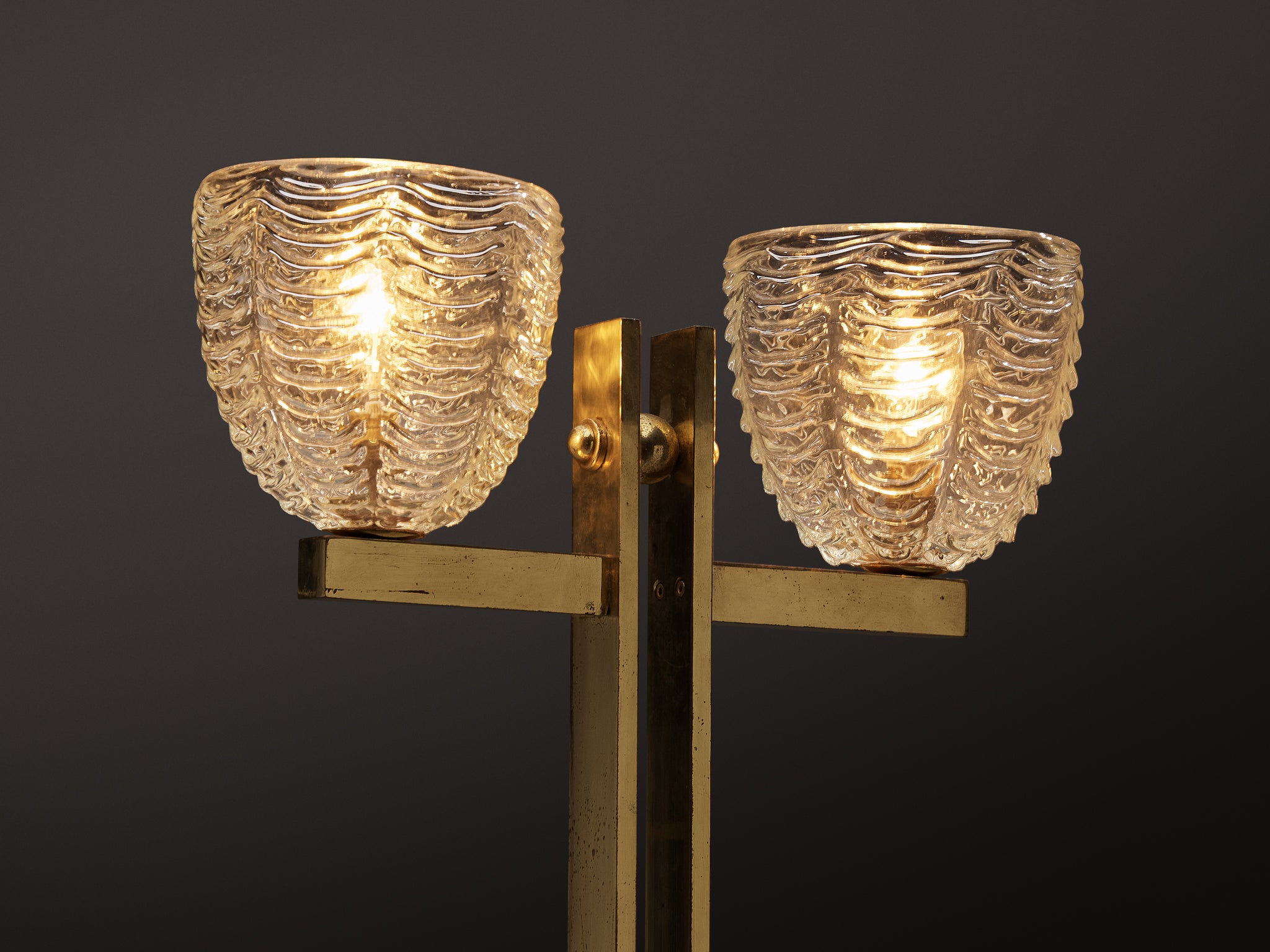 Pair of Mid-Century Modern Italian Brass Floor Lamps with Textured Glass Bulbs