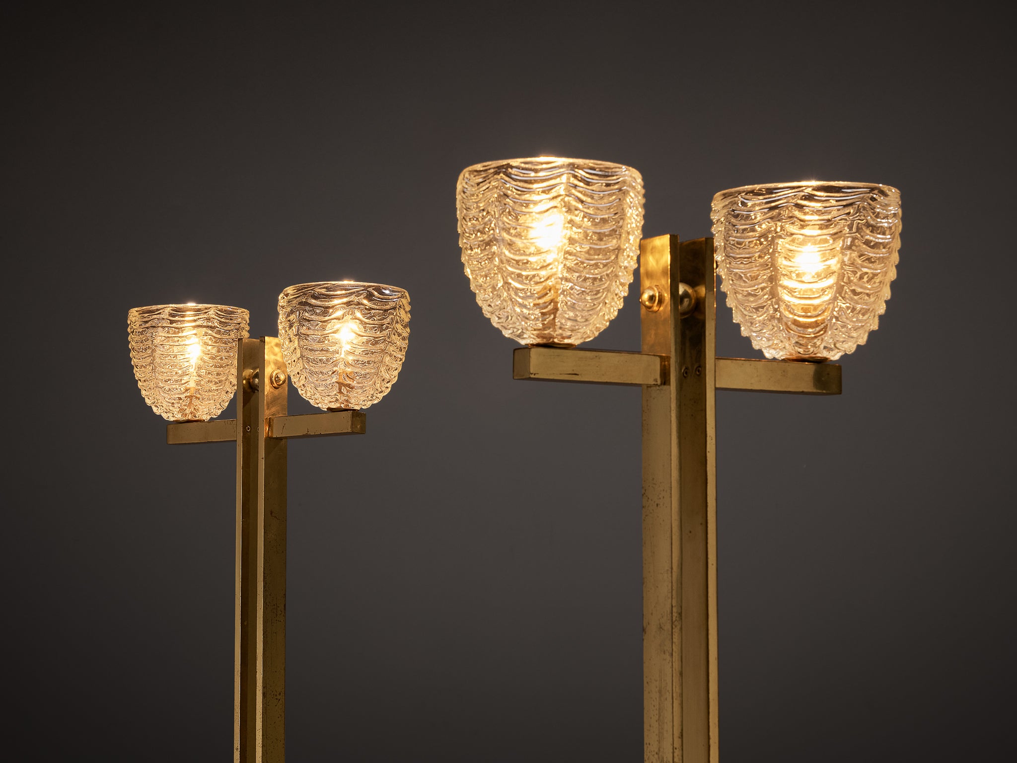 Pair of Mid-Century Modern Italian Brass Floor Lamps with Textured Glass Bulbs