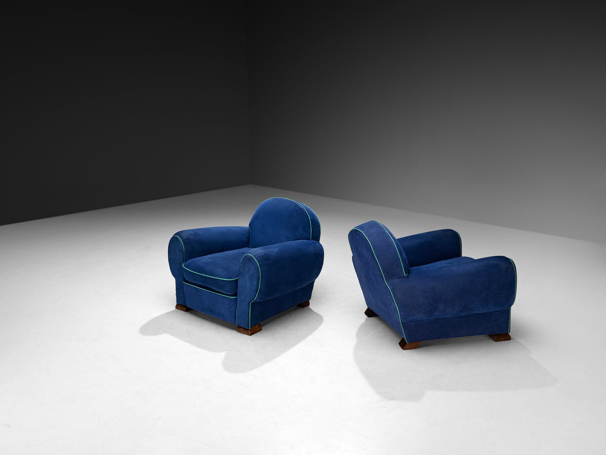 1930s Pair of French Art Deco Lounge Chairs in Blue Upholstery Seating Morentz