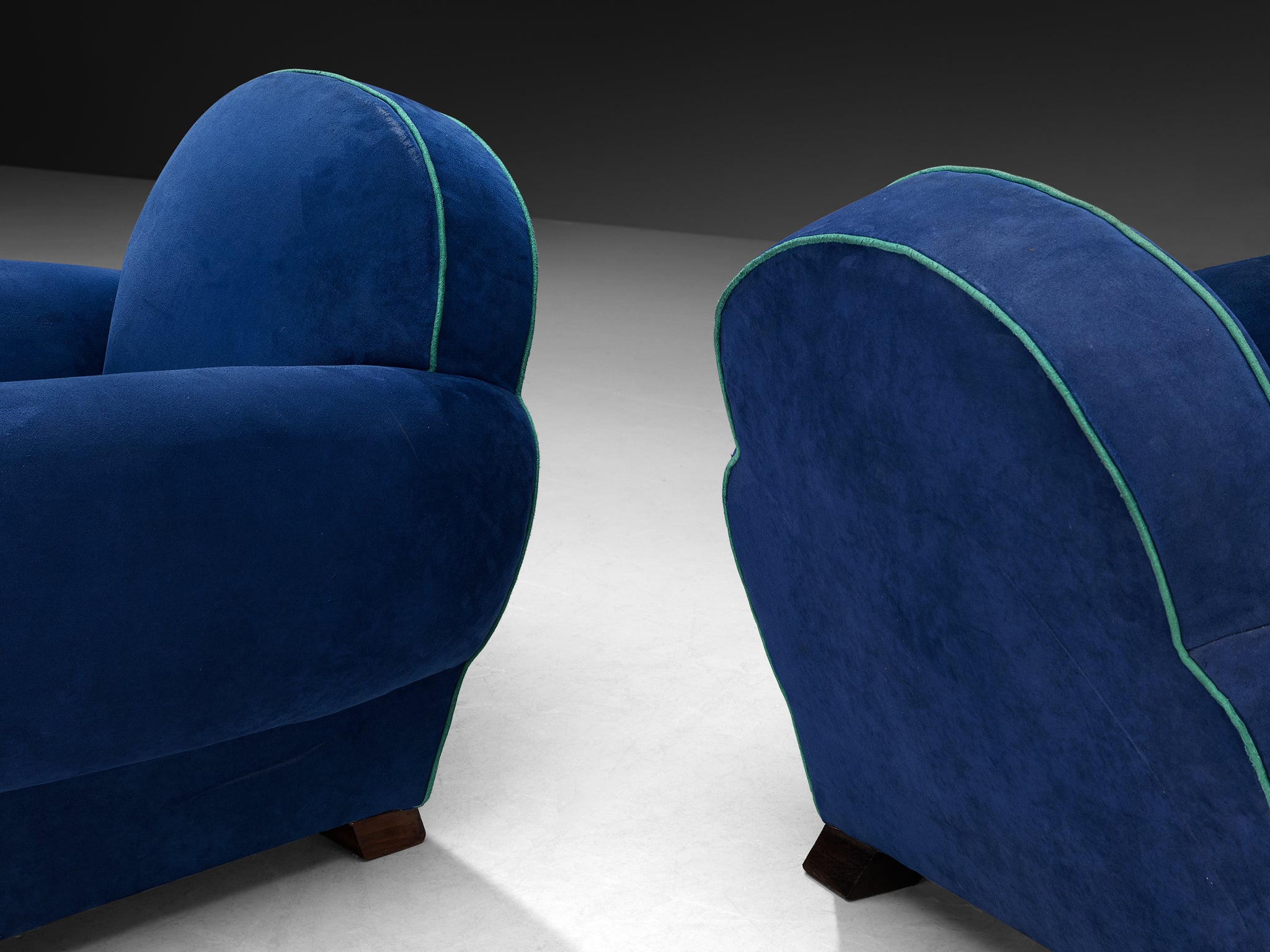 1930s Pair of French Art Deco Lounge Chairs in Blue Upholstery Seating Morentz