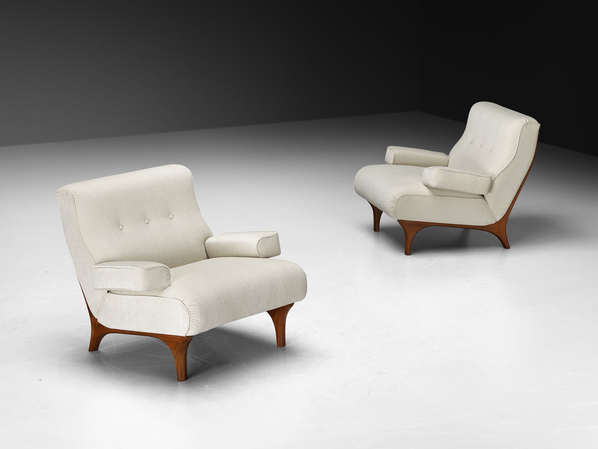 Eugenio Gerli for Tecno Pair of Lounge Chairs in Mahogany and Chenille Seating Morentz