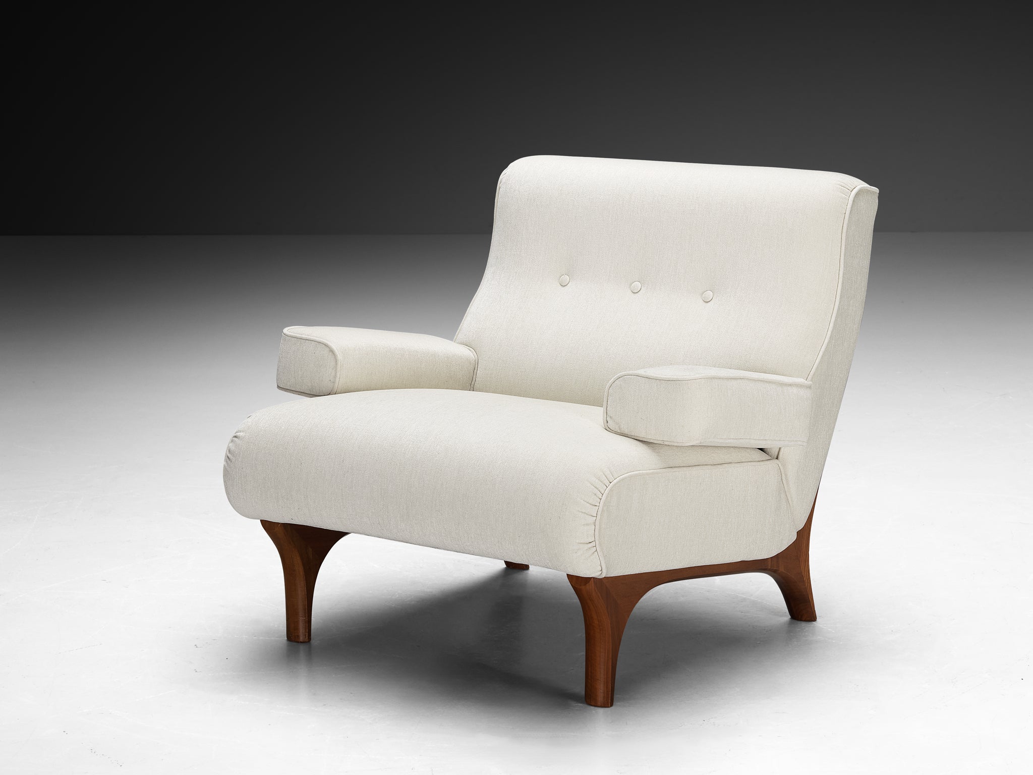 Eugenio Gerli for Tecno Pair of Lounge Chairs in Mahogany and Chenille Seating Morentz