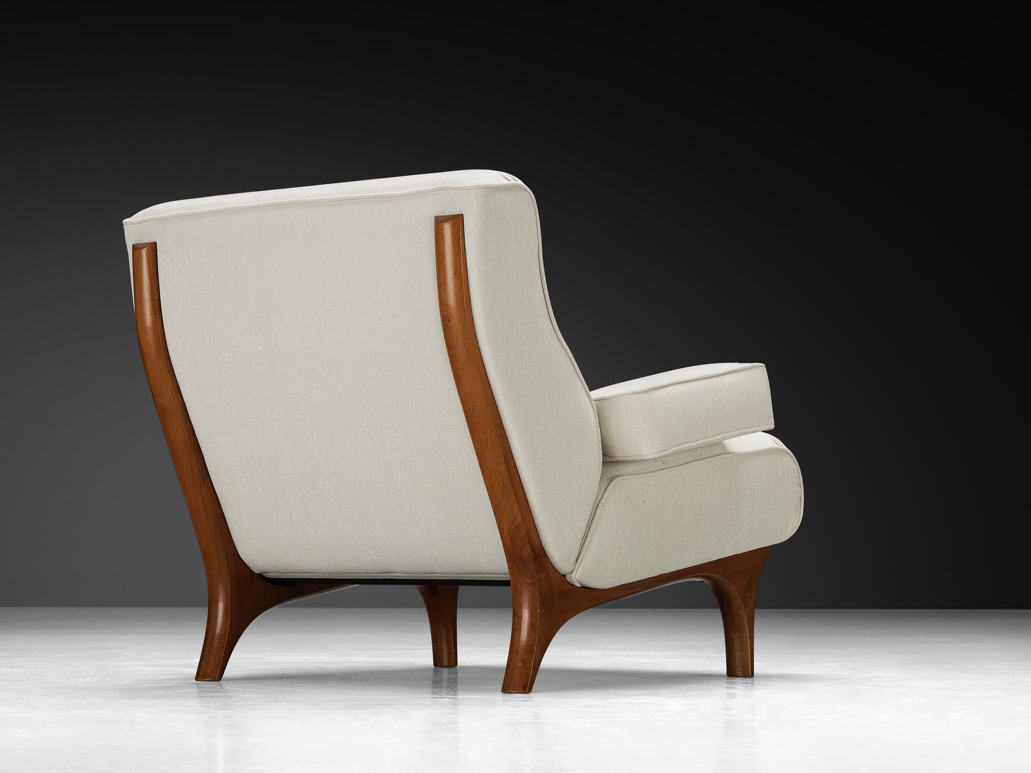 Eugenio Gerli for Tecno Pair of Lounge Chairs in Mahogany and Chenille Seating Morentz