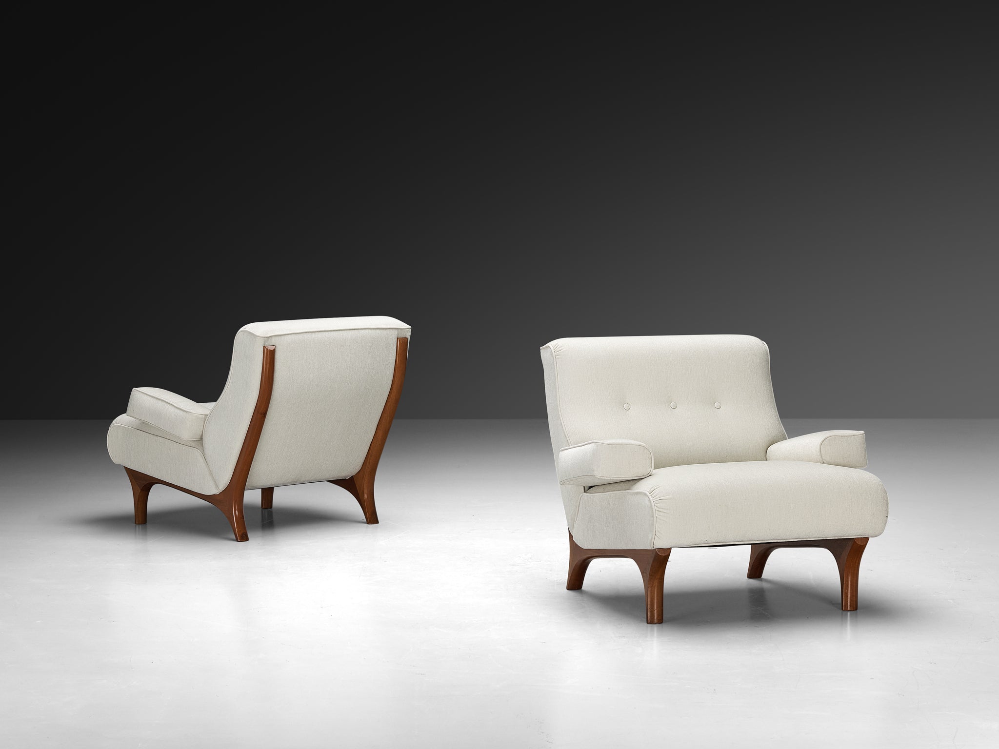 Eugenio Gerli for Tecno Pair of Lounge Chairs in Mahogany and Chenille Seating Morentz