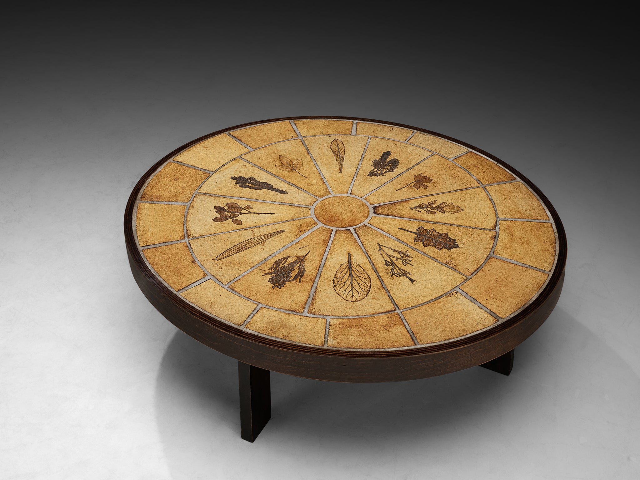 Roger Capron Round Pair of Coffees Table with Floral Imprints in Ceramic and Wood Tables Morentz