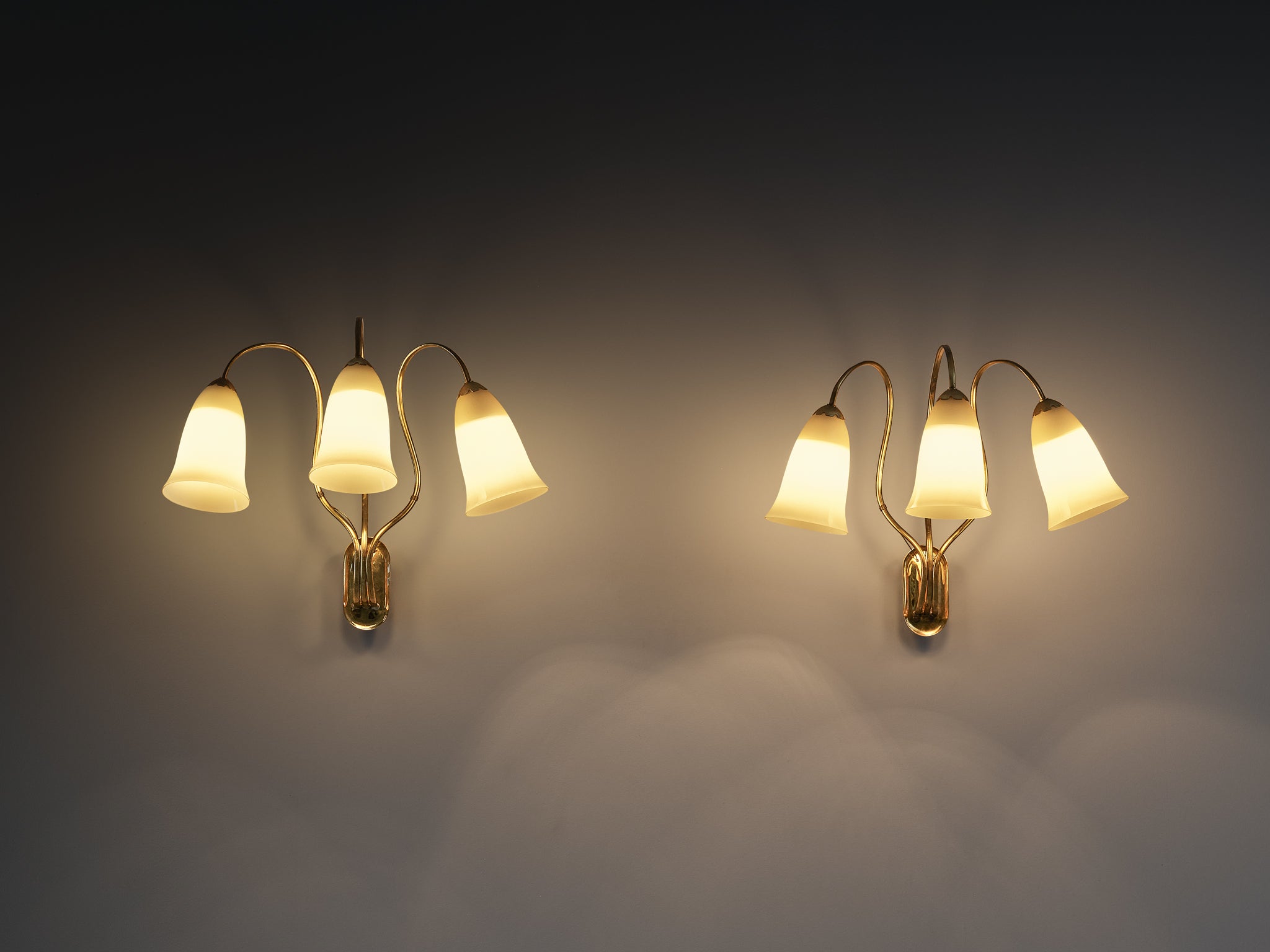 Rare Paavo Tynell for Taito Oy Pair of '9405' Wall Lights in Brass and Glass