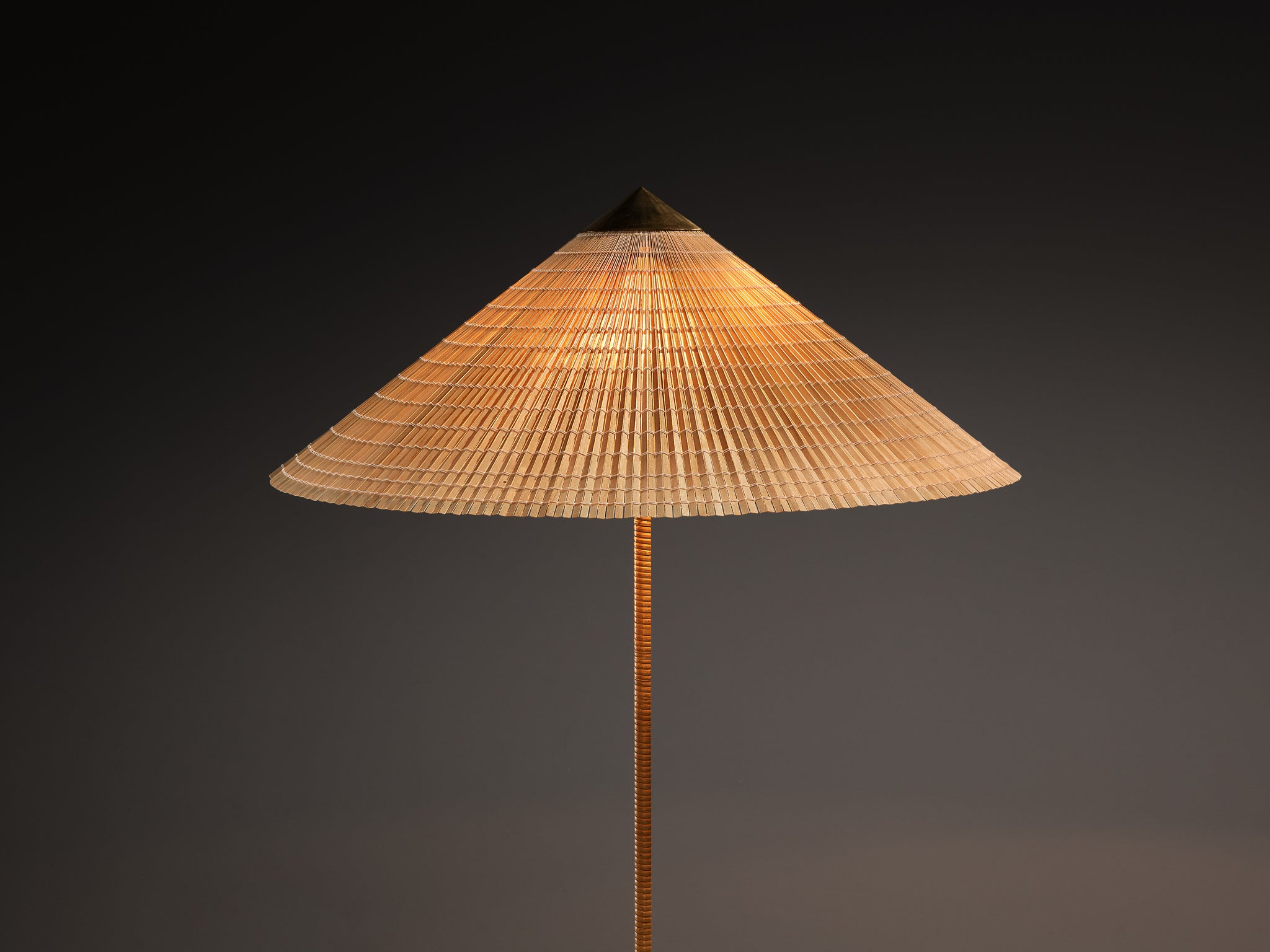 Paavo Tynell for Taito Oy '9602' Chinese Hat Floor Lamp in Cane and Brass Lighting Morentz