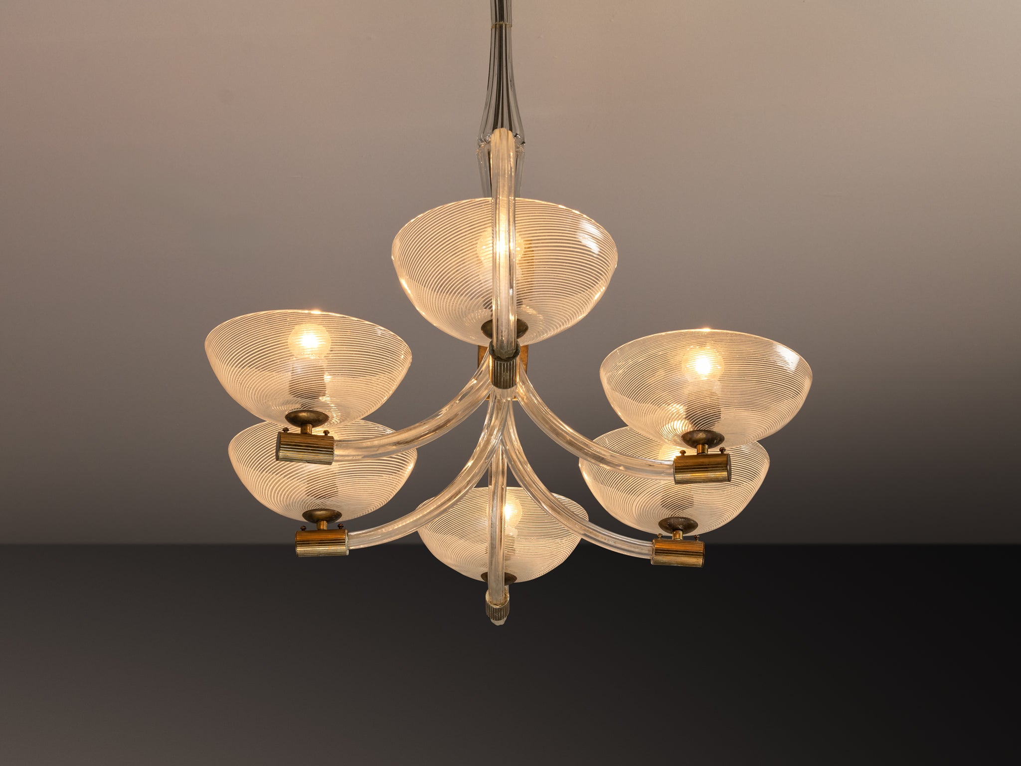 Exceptional Italian Art Deco Chandelier with Murano Filigrana Glass Lighting Morentz
