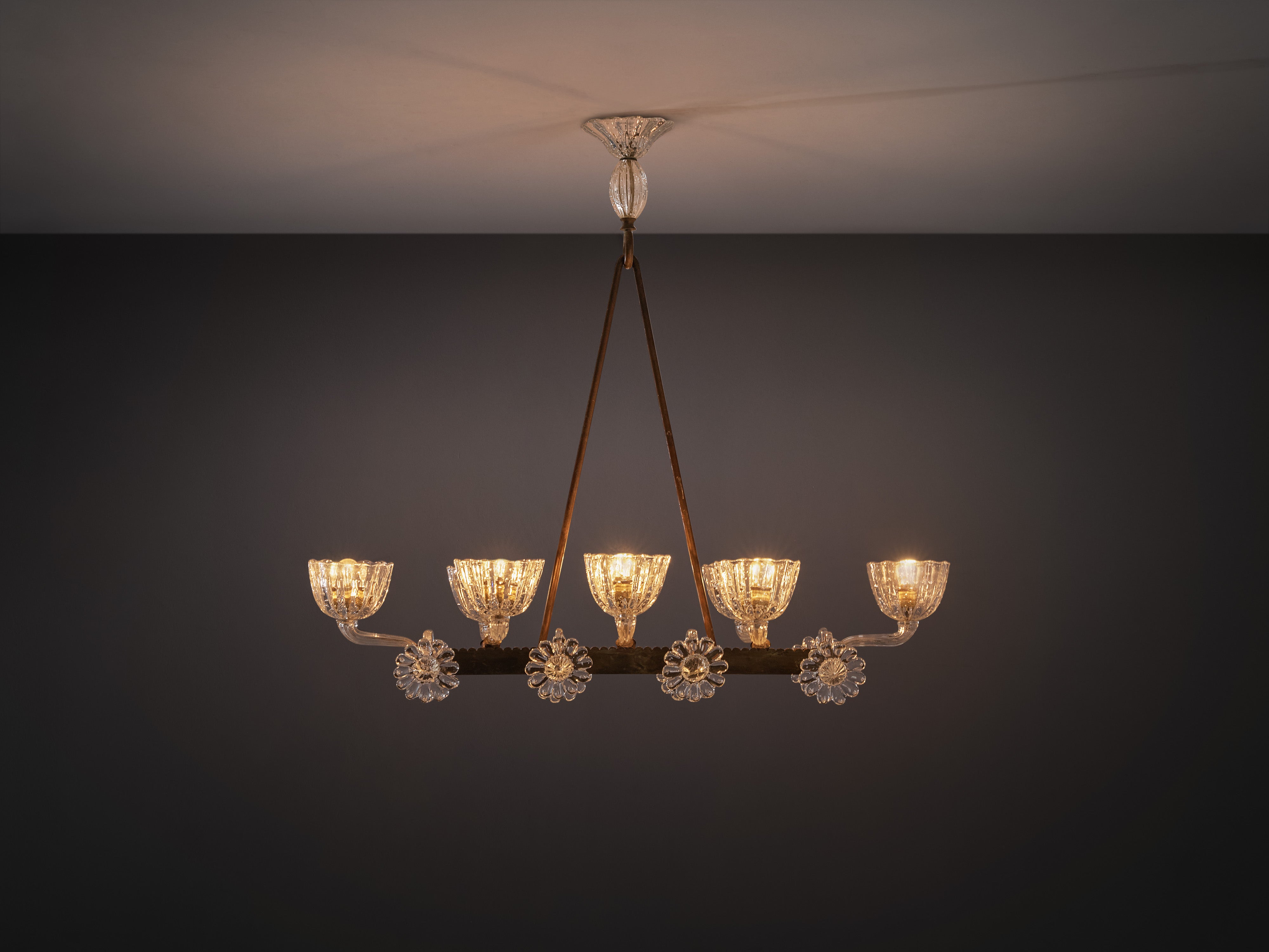 Barovier & Toso Chandelier in Brass and Glass with Floral Motifs