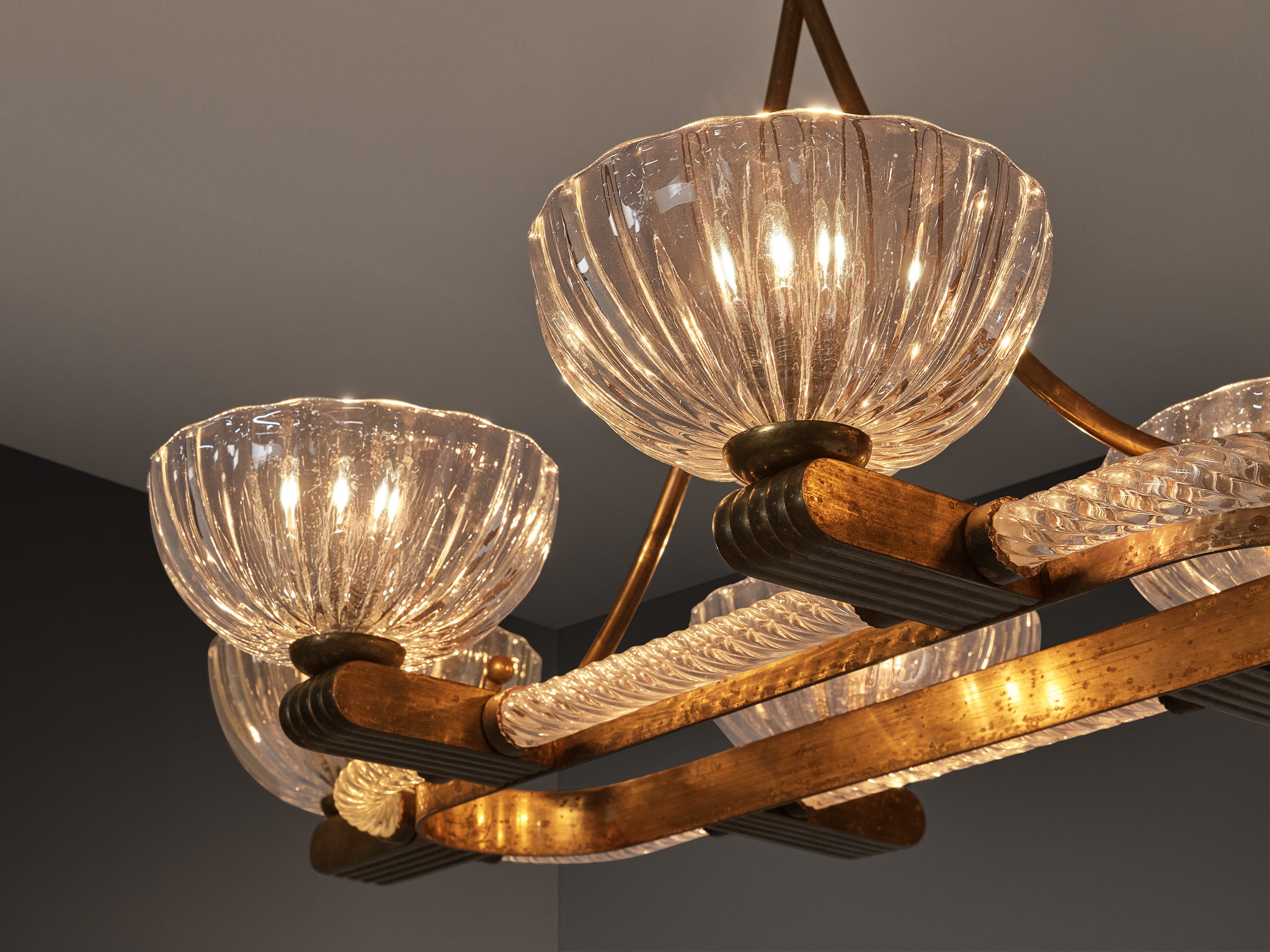 Barovier & Toso Italian Chandelier in Crystal Glass and Brass Lighting Morentz