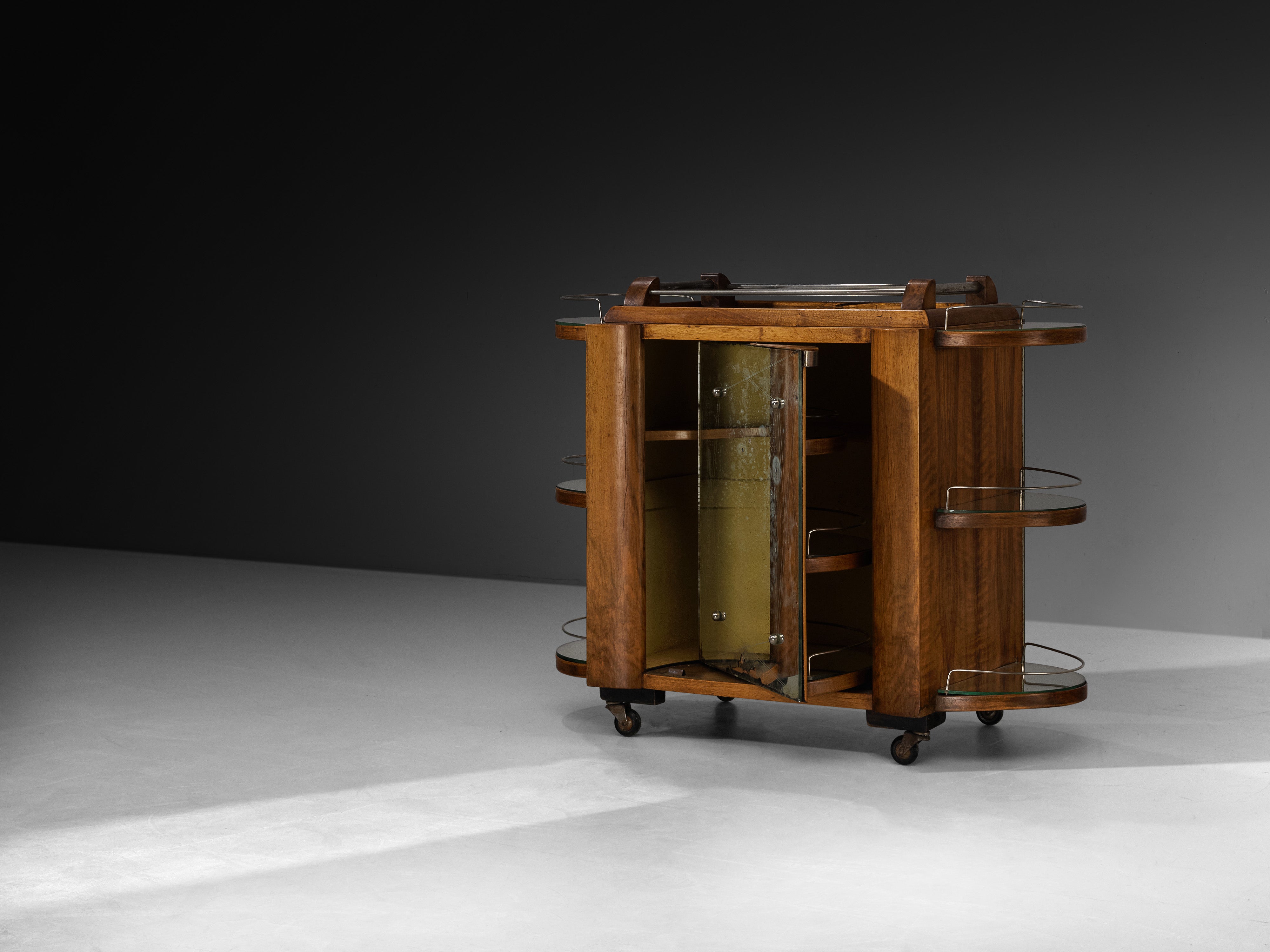 Mid-Century Modern French Bar Cart in Walnut and Mirrored Glass Tables Morentz