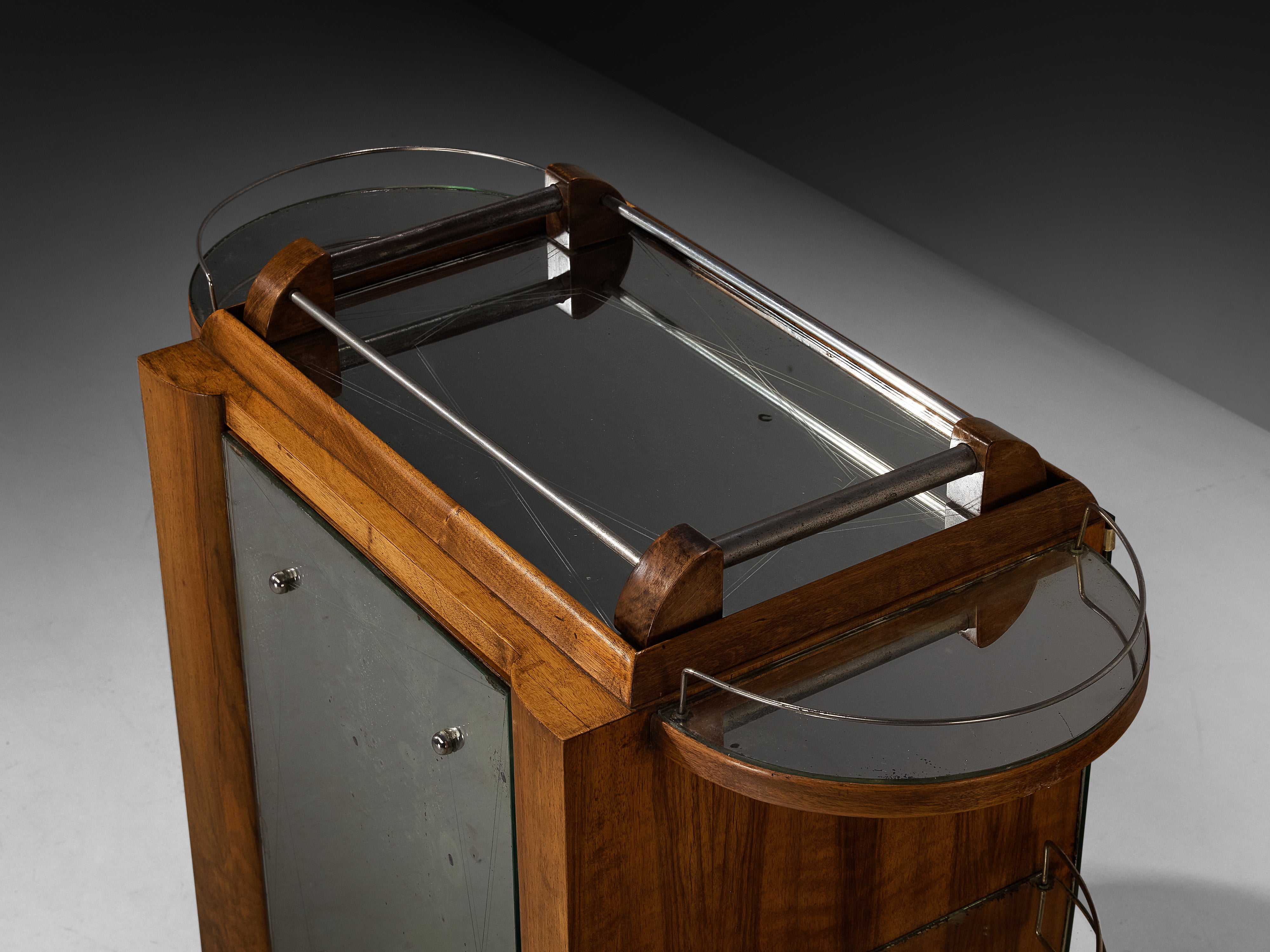 Mid-Century Modern French Bar Cart in Walnut and Mirrored Glass Tables Morentz