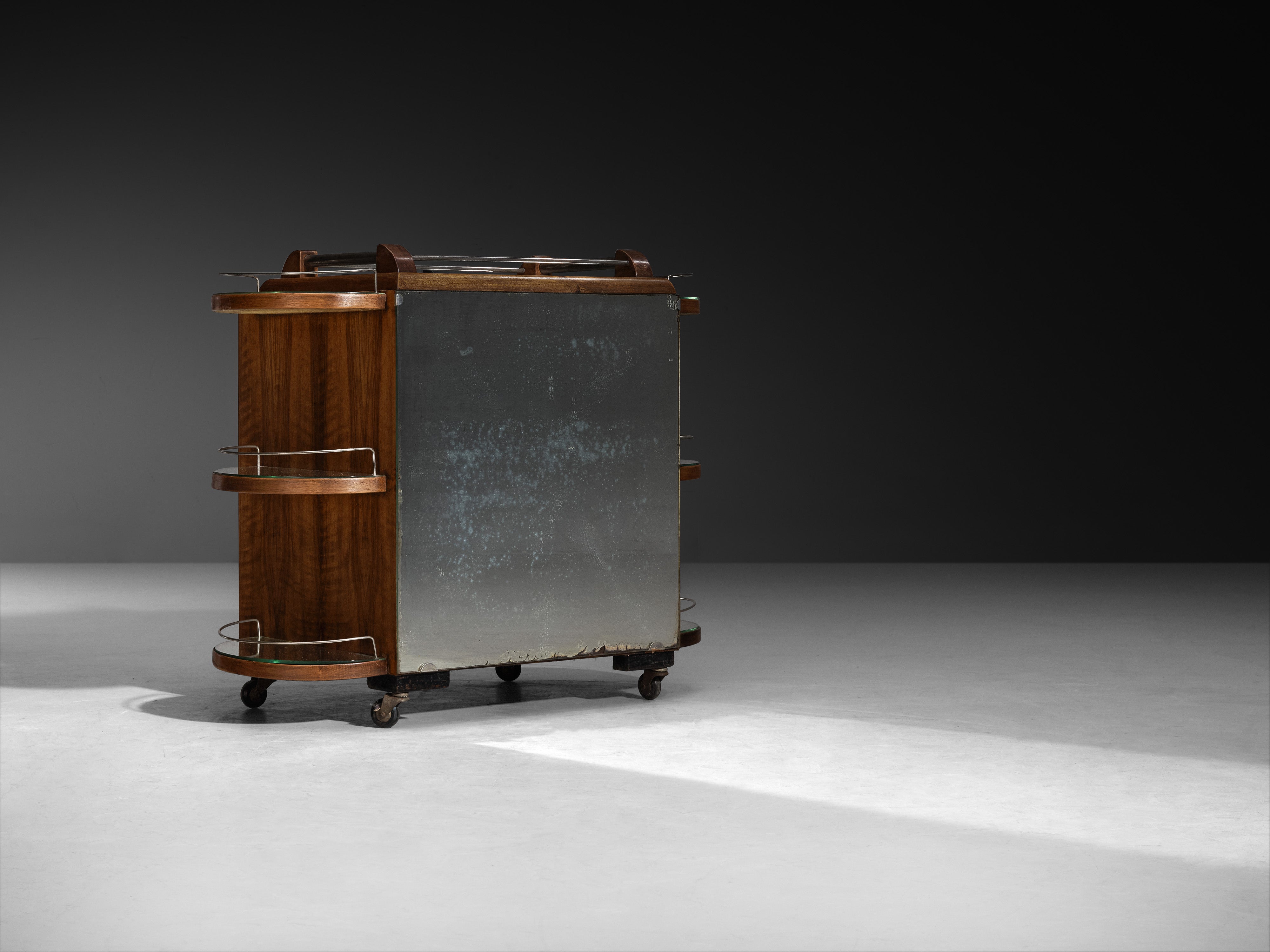 Mid-Century Modern French Bar Cart in Walnut and Mirrored Glass Tables Morentz
