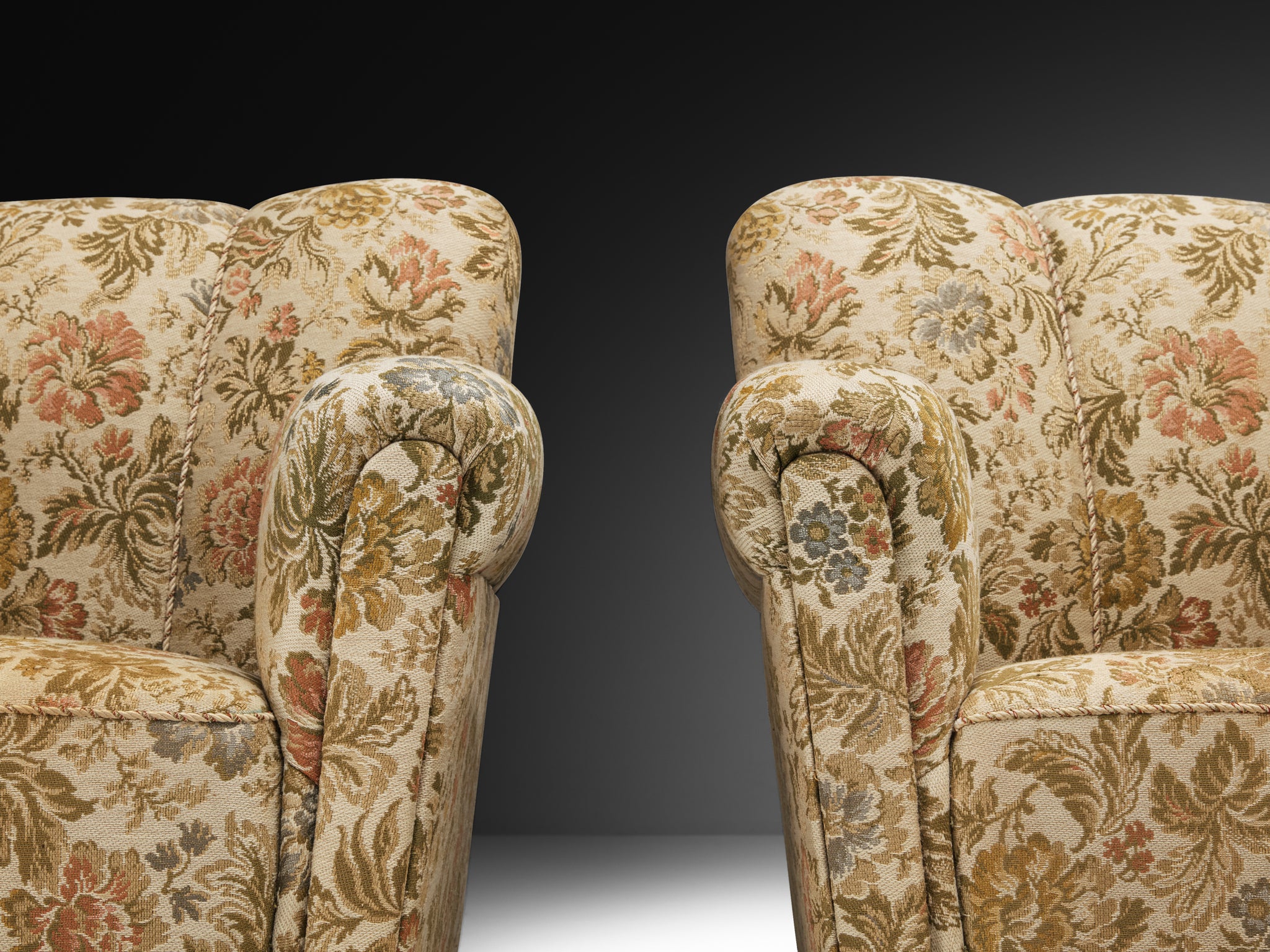 Pair of Lounge Chairs in Floral Pattern on Platform Base