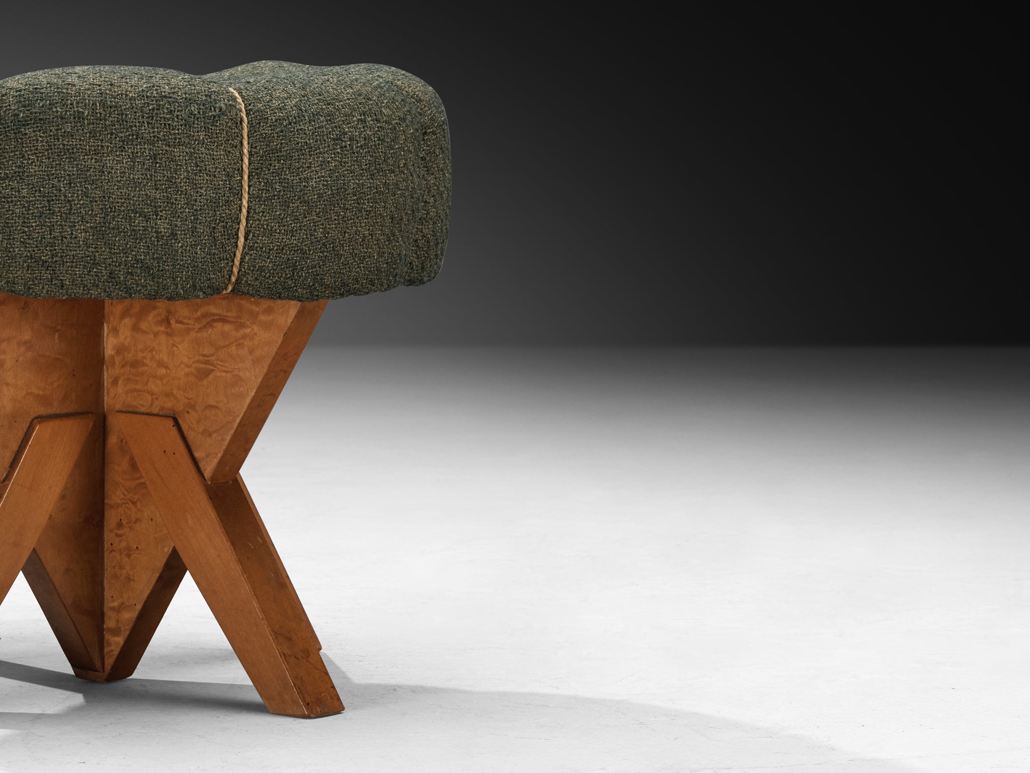 Art Deco Stool or Ottoman in Birch Wood with Angular Base