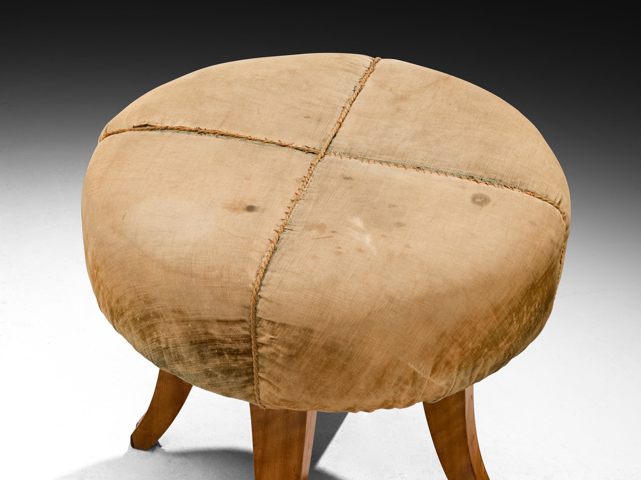 Art Deco Stool or Ottoman in Elm Wood and Beige Fabric Seating Morentz