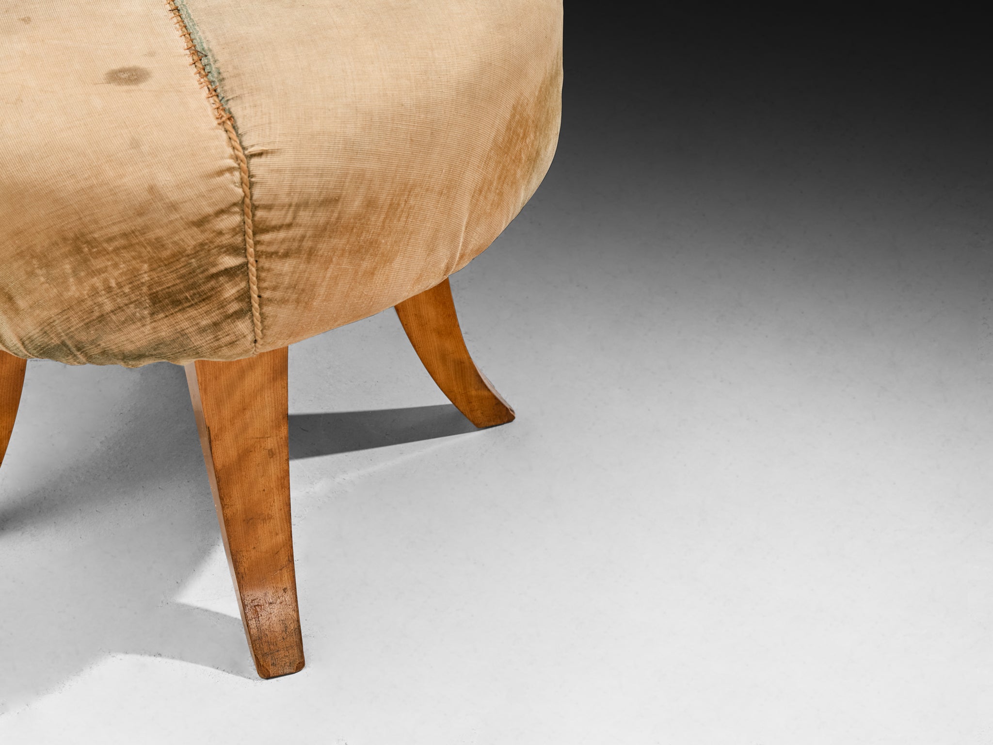 Art Deco Stool or Ottoman in Elm Wood and Beige Fabric Seating Morentz