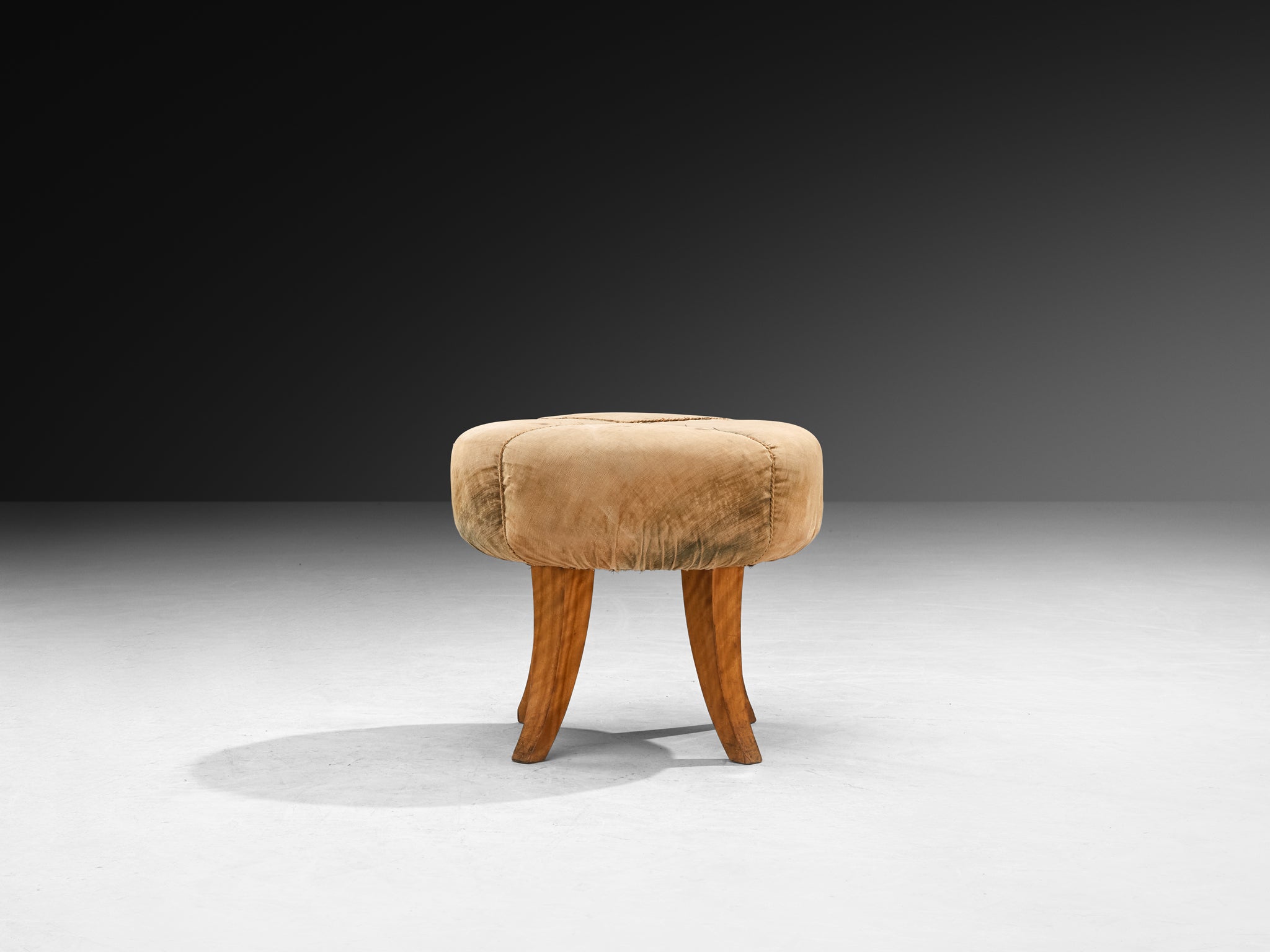 Art Deco Stool or Ottoman in Elm Wood and Beige Fabric Seating Morentz