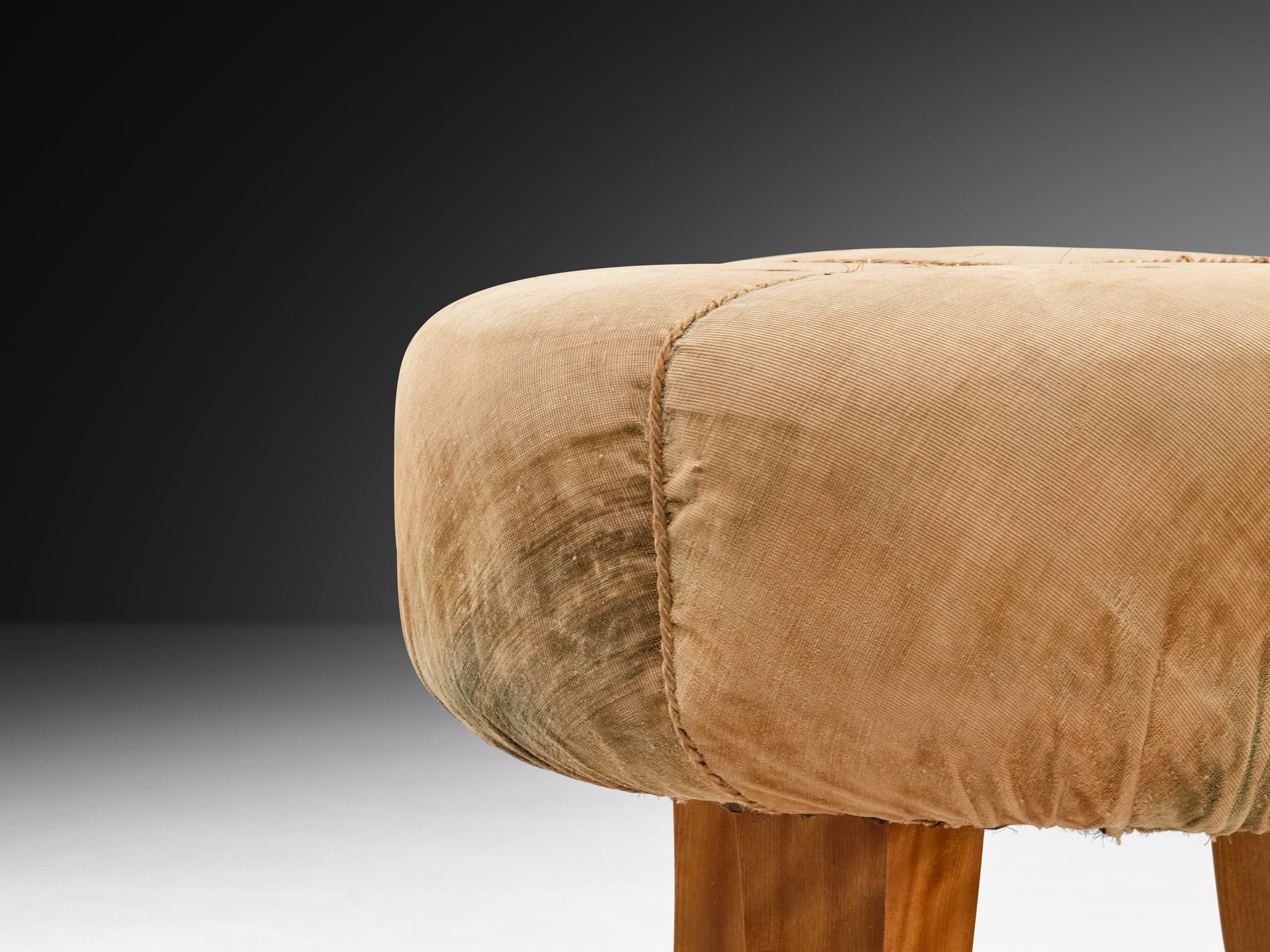 Art Deco Stool or Ottoman in Elm Wood and Beige Fabric Seating Morentz