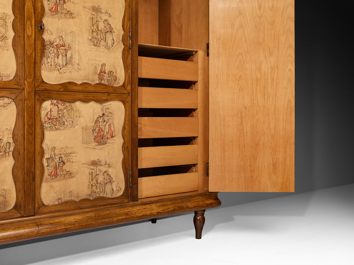 Italian Mid-Century Modern Highboard with Illustrated Fabric Panels in Chestnut Case pieces and storage cabinets Morentz