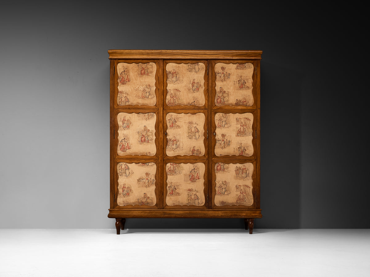 Italian Mid-Century Modern Highboard with Illustrated Fabric Panels in Chestnut Case pieces and storage cabinets Morentz