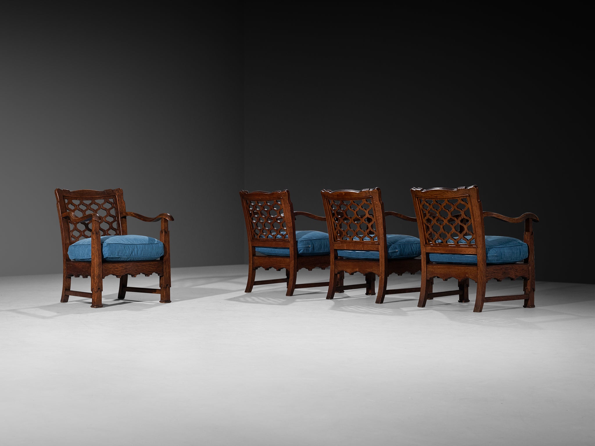 Ernesto Valabrega for Vittorio Valabrega Lounge Chairs in Oak and Blue Upholstery Seating Morentz