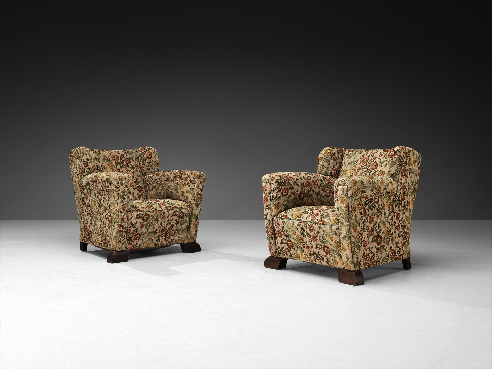 Pair of Mid-Century Lounge Chairs in Floral Upholstery with Quirky Feet