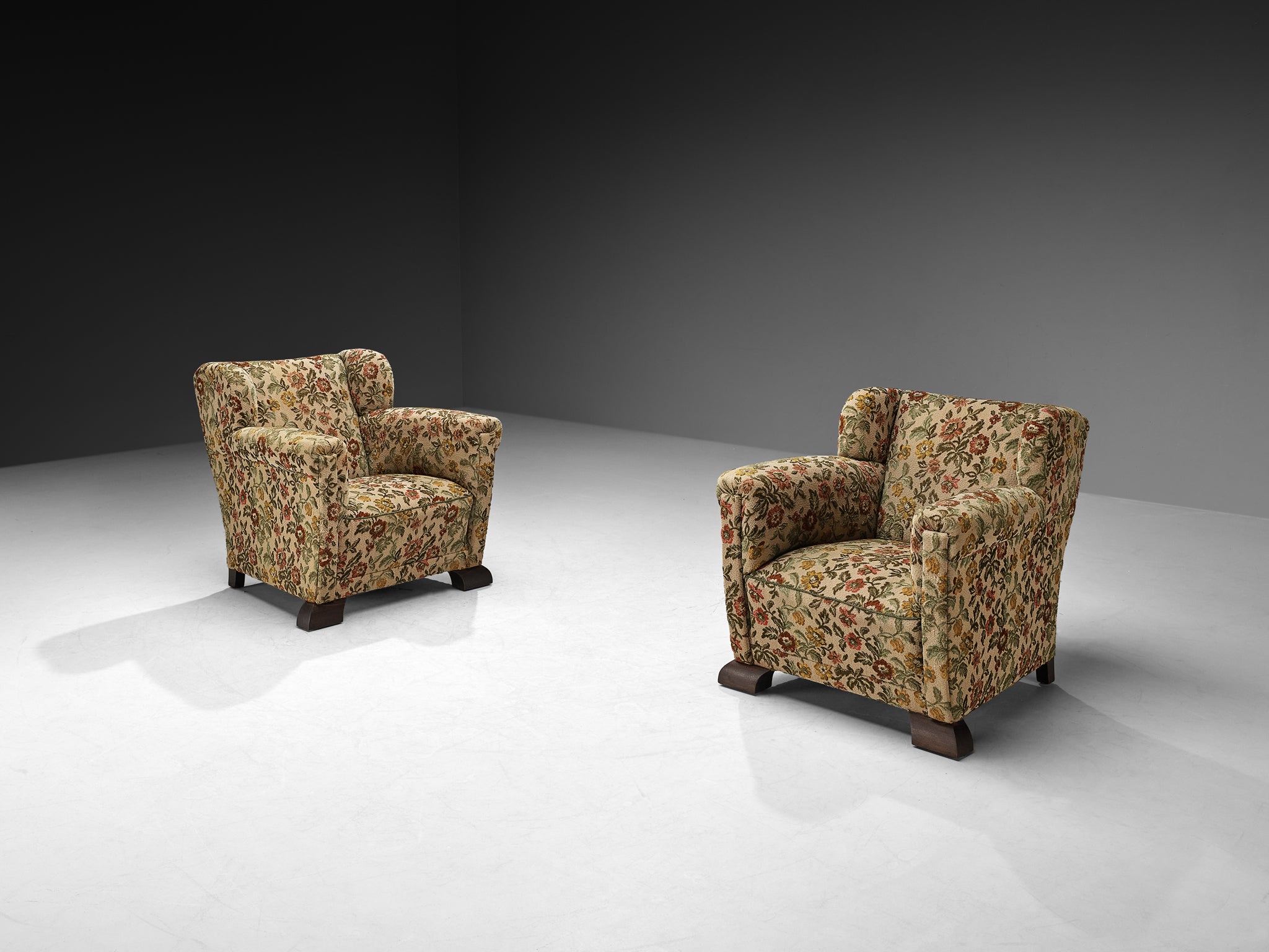 Pair of Mid-Century Lounge Chairs in Floral Upholstery with Quirky Feet