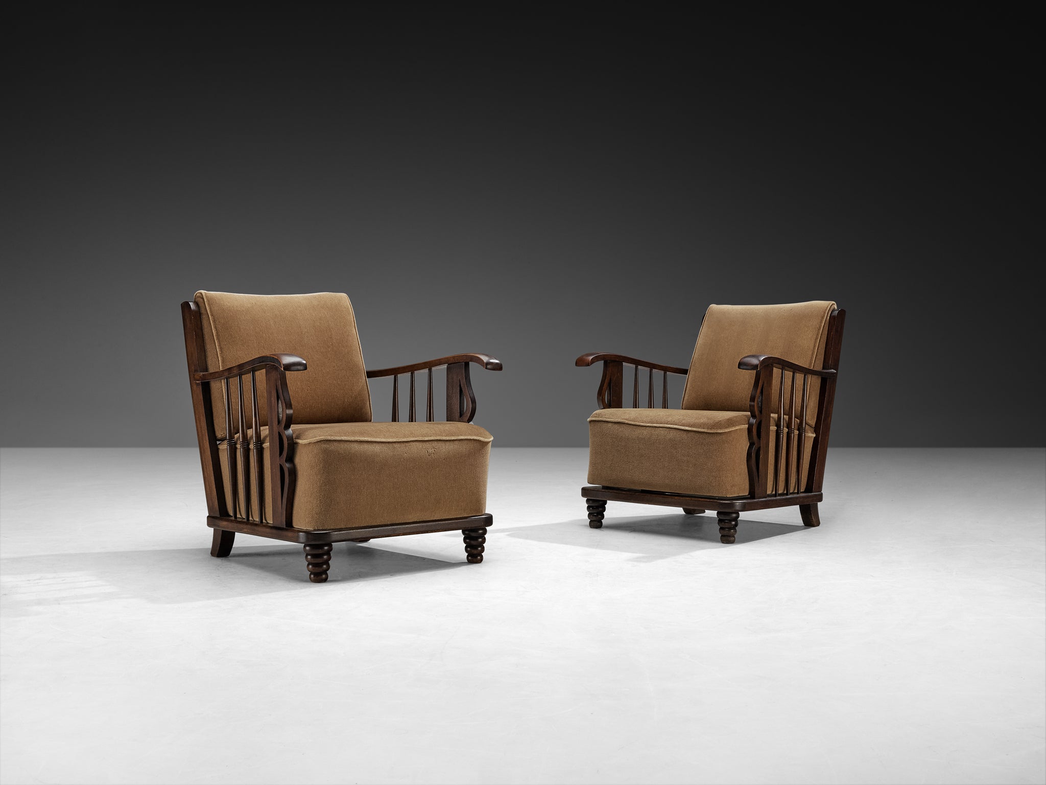 1940s Armchairs with Beech Wood Frames and Mocca Colored Upholstery Seating Morentz