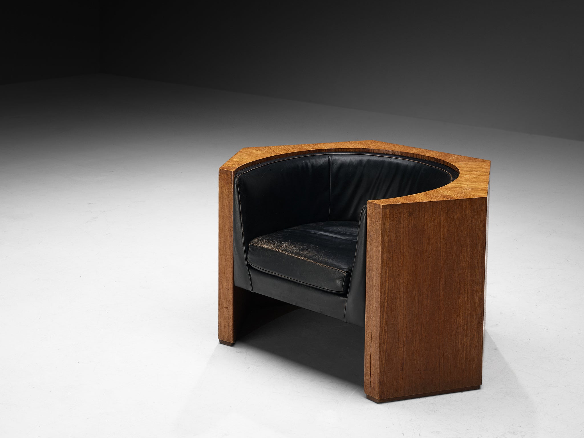 1970s Club Chair in Teak and Black Leather Seating Morentz
