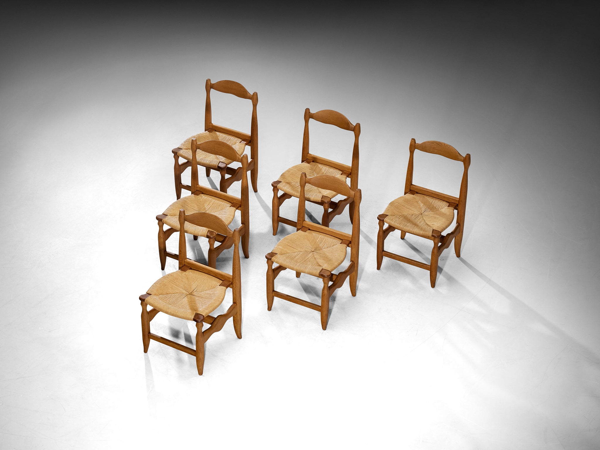 Guillerme & Chambron Set of Six Dining Chairs in Solid Oak and Rush Seating Morentz